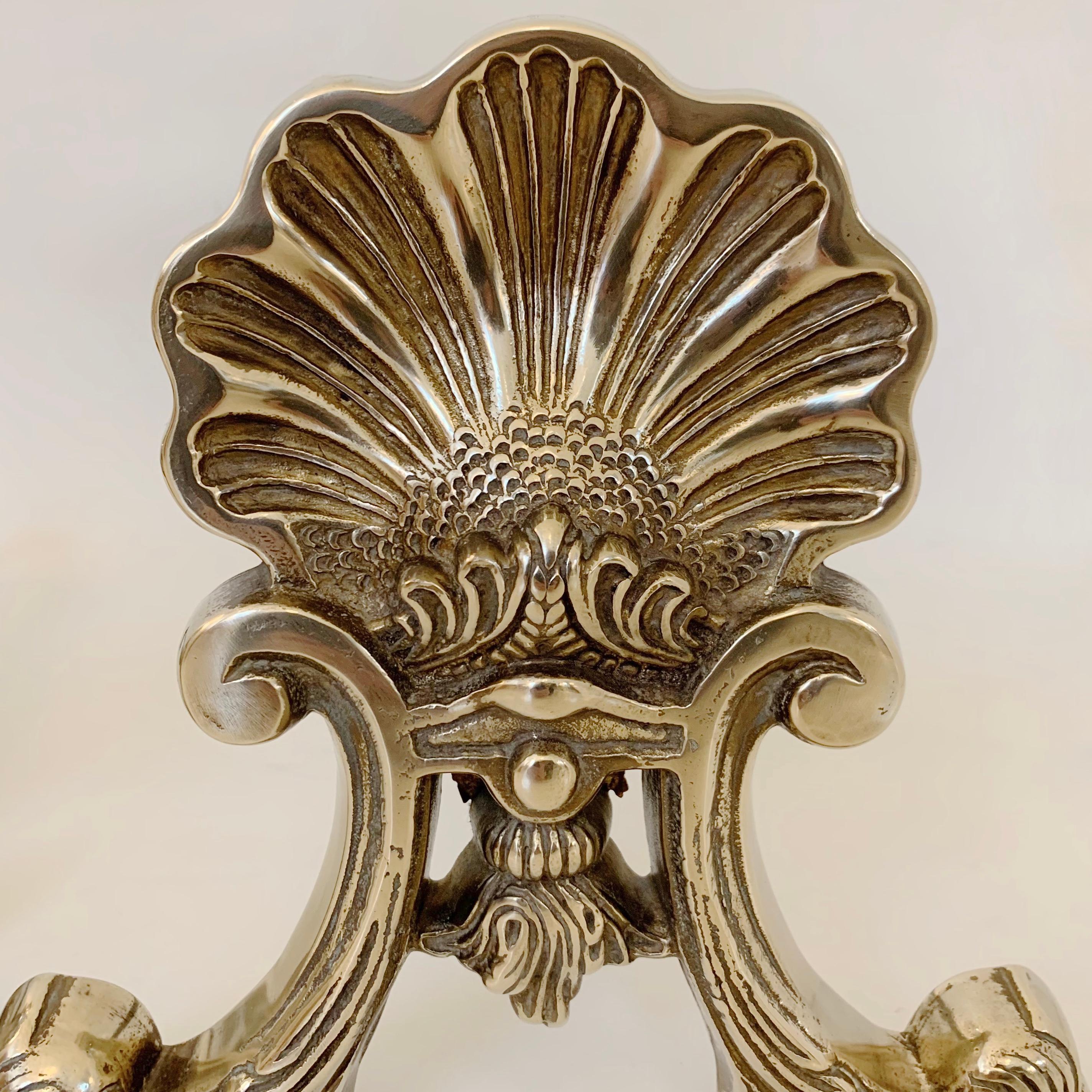 Pair of Brass Shell Andirons, circa 1900, France. For Sale 3