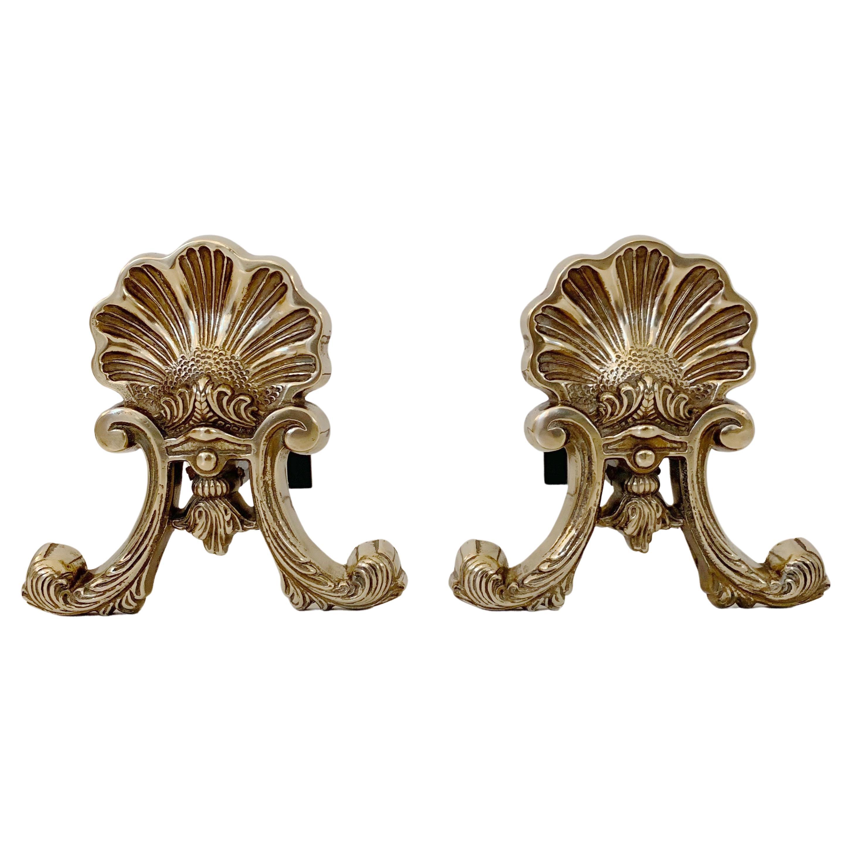 Pair of Brass Shell Andirons, circa 1900, France. For Sale