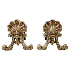 Antique Pair of Brass Shell Andirons, circa 1900, France.
