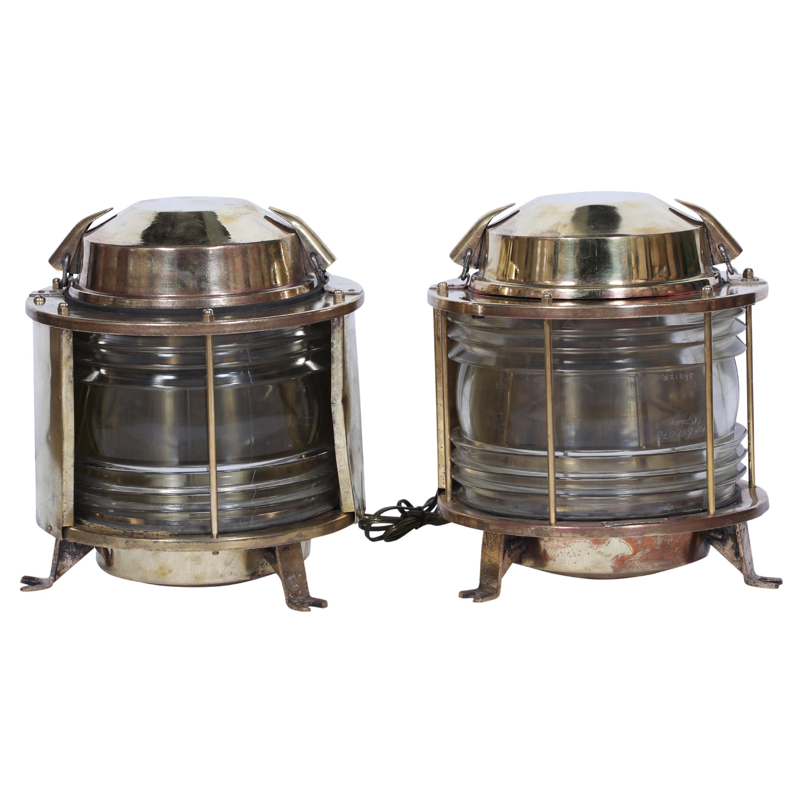 Pair of Brass Ship's Beacon Lights with Fresnel Lens