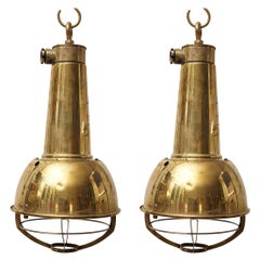 Vintage Pair of Brass Ship's Pendant Lights, 1980s