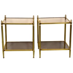 Pair of Brass Side Table with Smoke Glass Shelves, Empire Style, 1970s