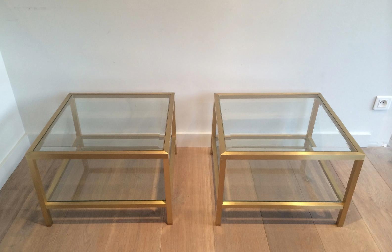Glass Pair of Brass Side Tables, French, circa 1960