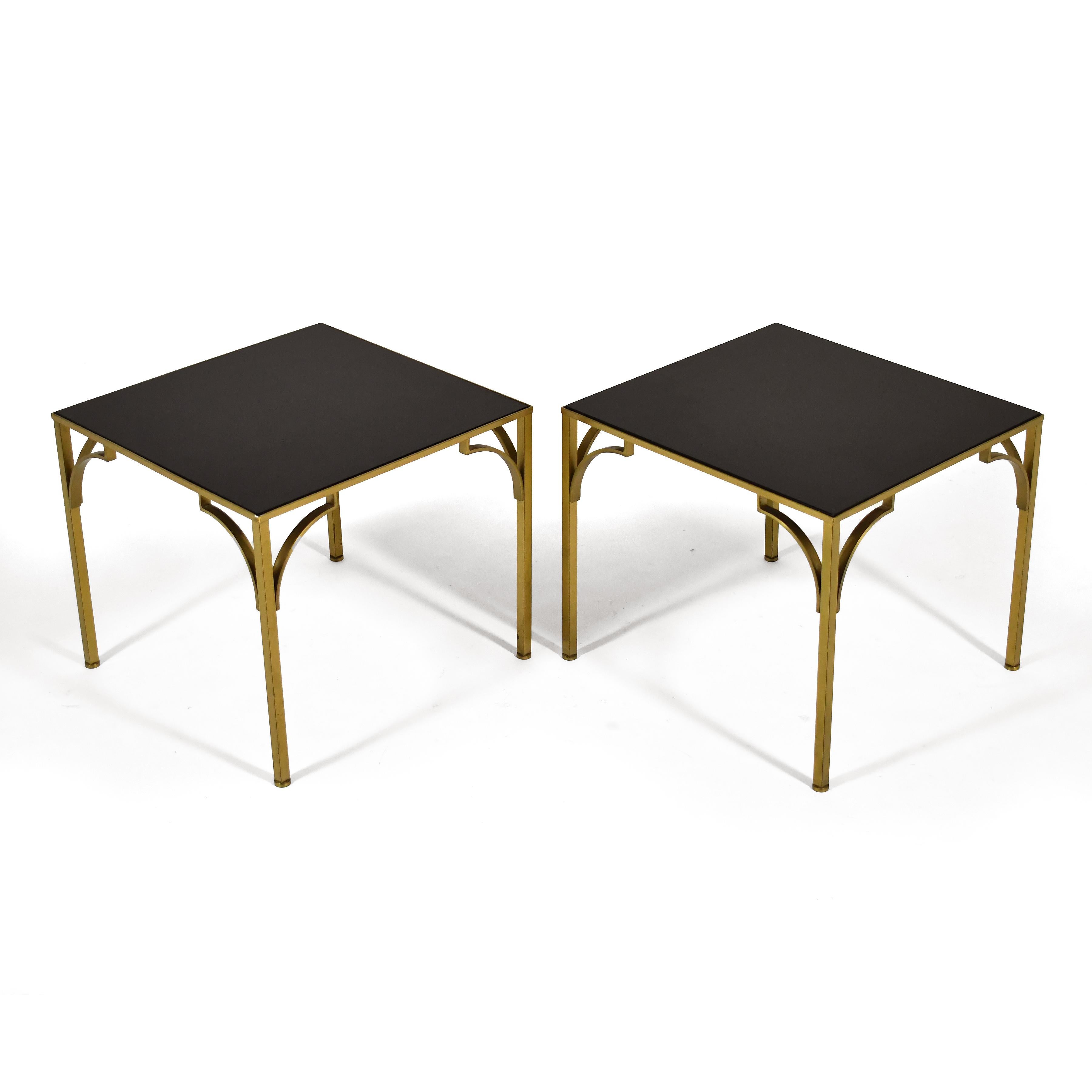 Mid-Century Modern Pair of Brass Side Tables with Black Glass Tops For Sale
