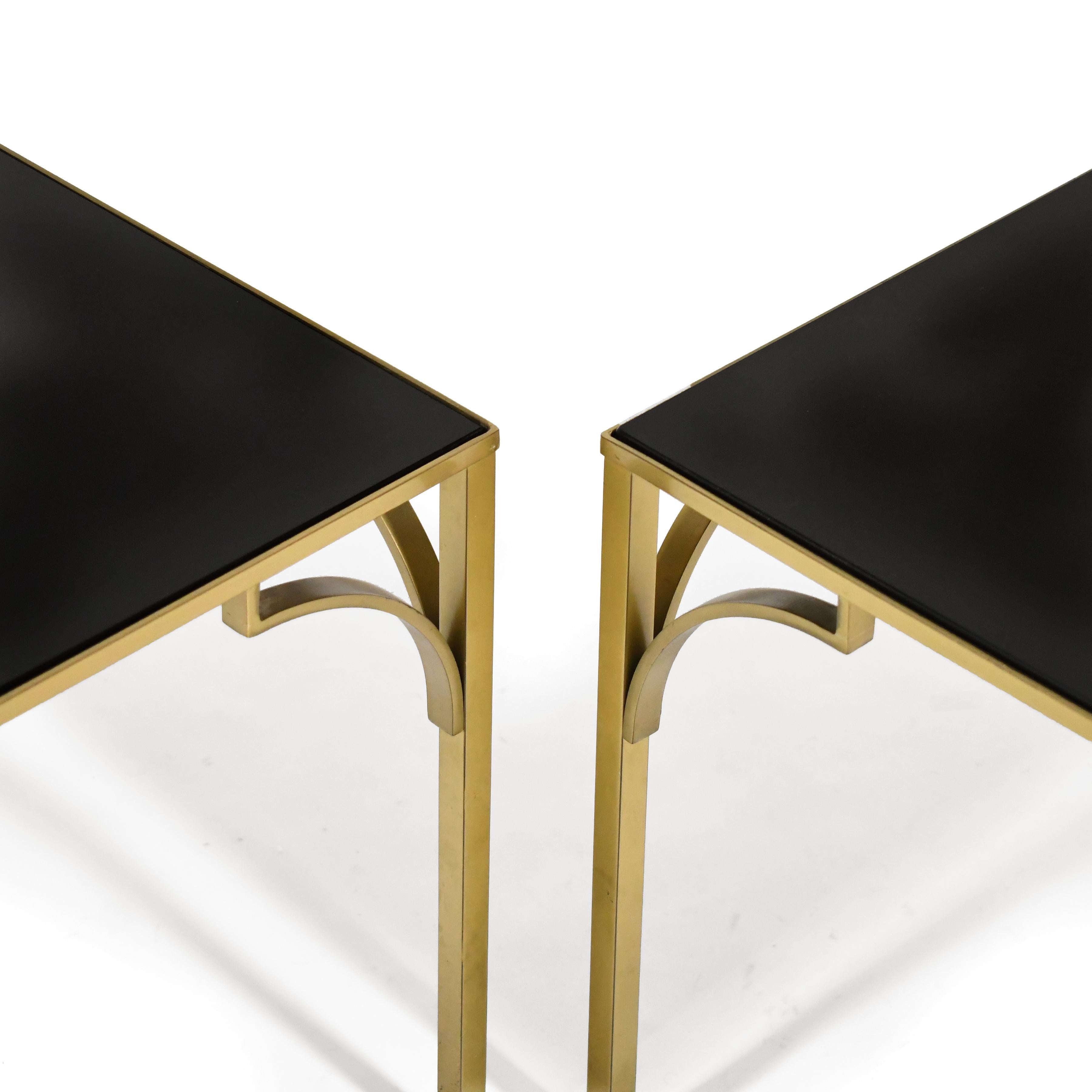 German Pair of Brass Side Tables with Black Glass Tops For Sale