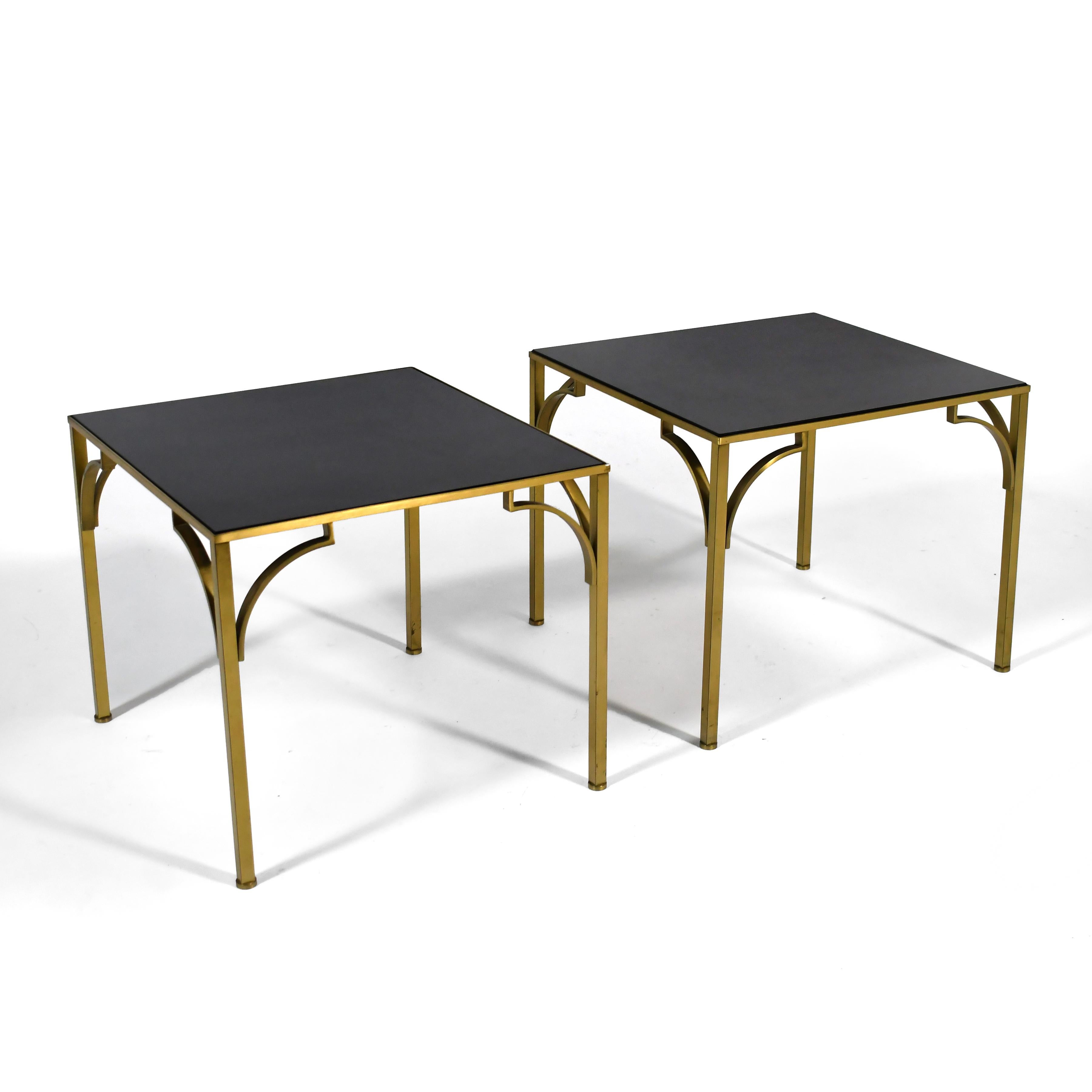 Pair of Brass Side Tables with Black Glass Tops In Good Condition For Sale In Highland, IN