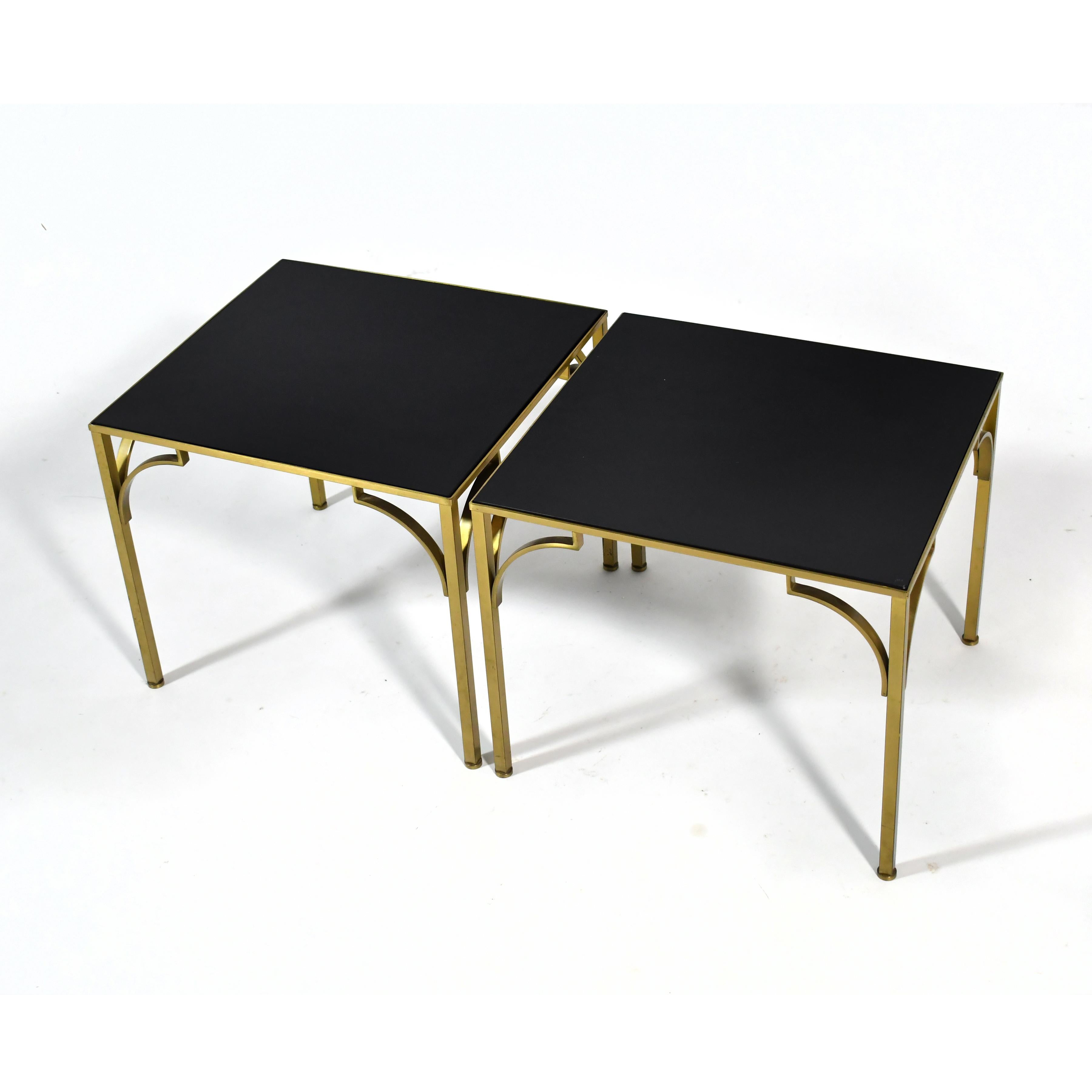 Late 20th Century Pair of Brass Side Tables with Black Glass Tops For Sale