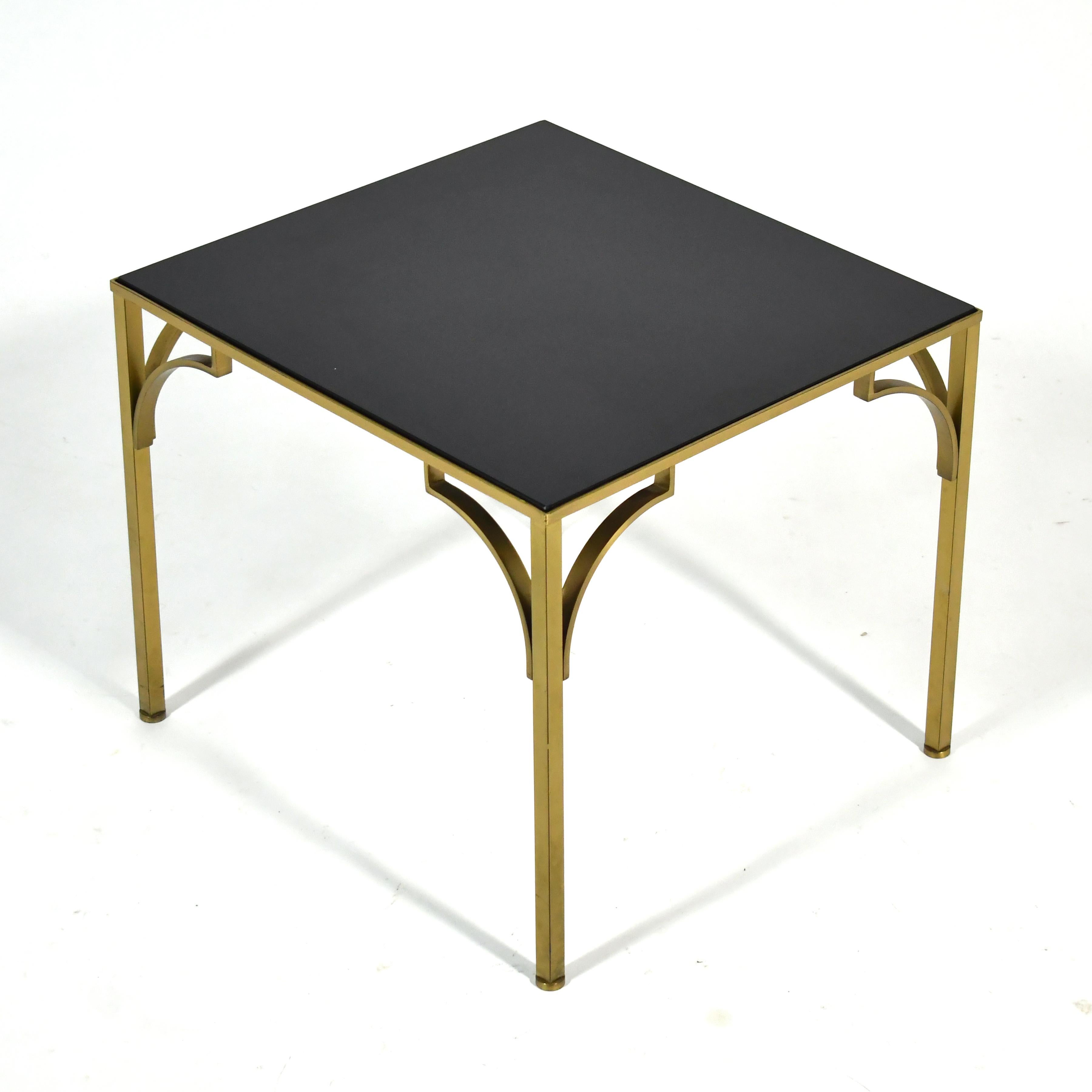 Metal Pair of Brass Side Tables with Black Glass Tops For Sale