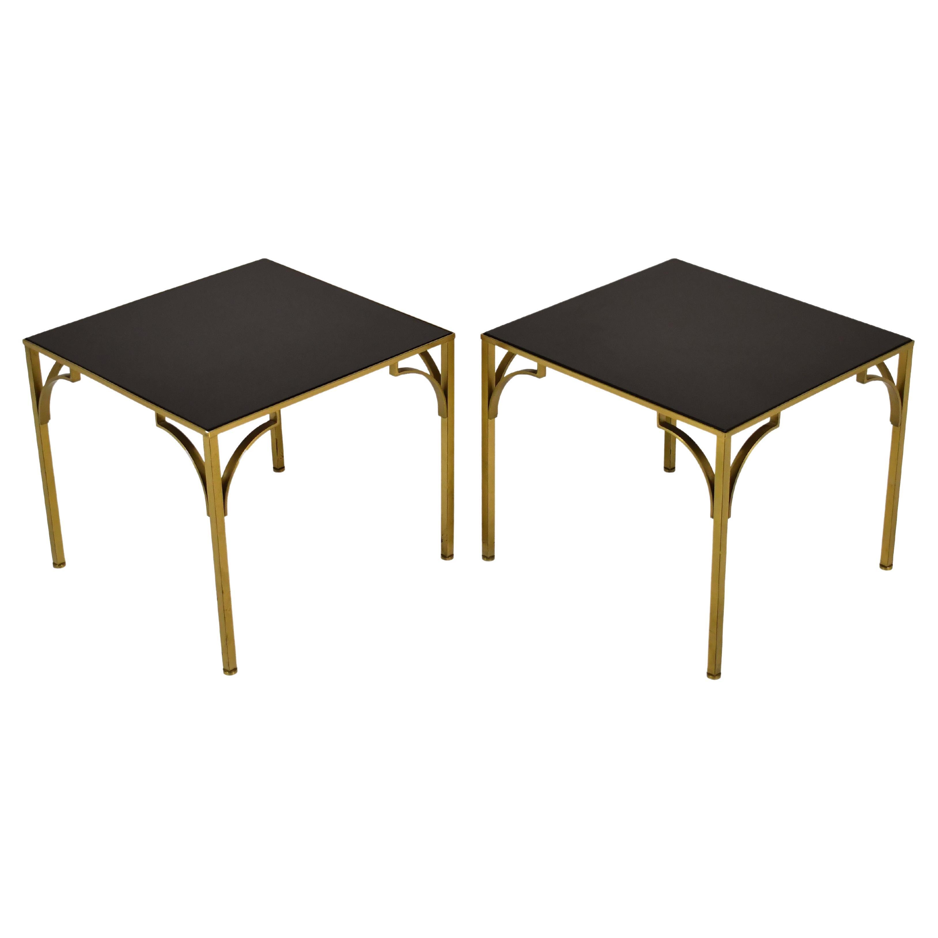 Pair of Brass Side Tables with Black Glass Tops For Sale