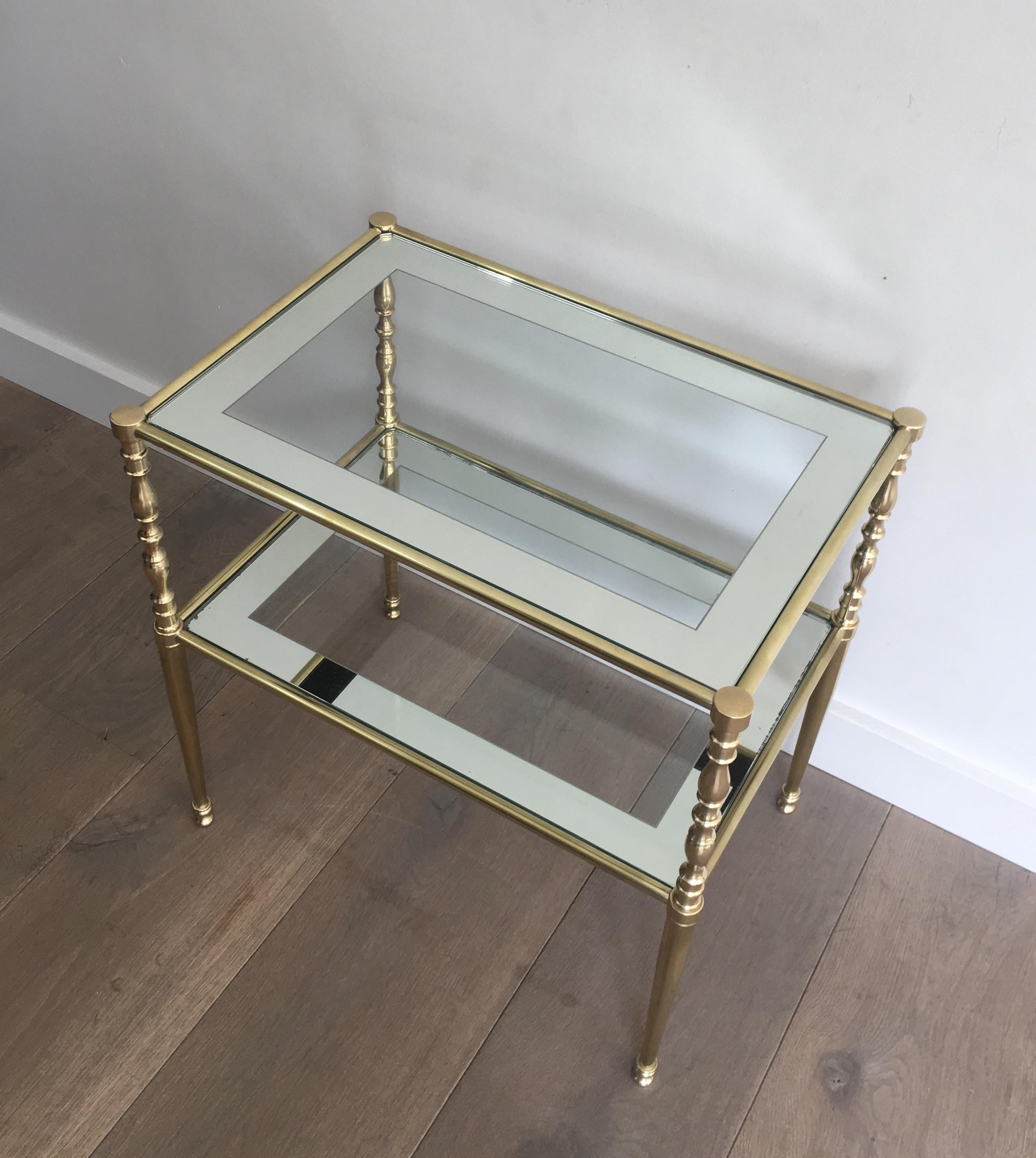 Pair of Brass Side Tables with Clear Glass Shelves Surrounded by Silvered Mirror 4