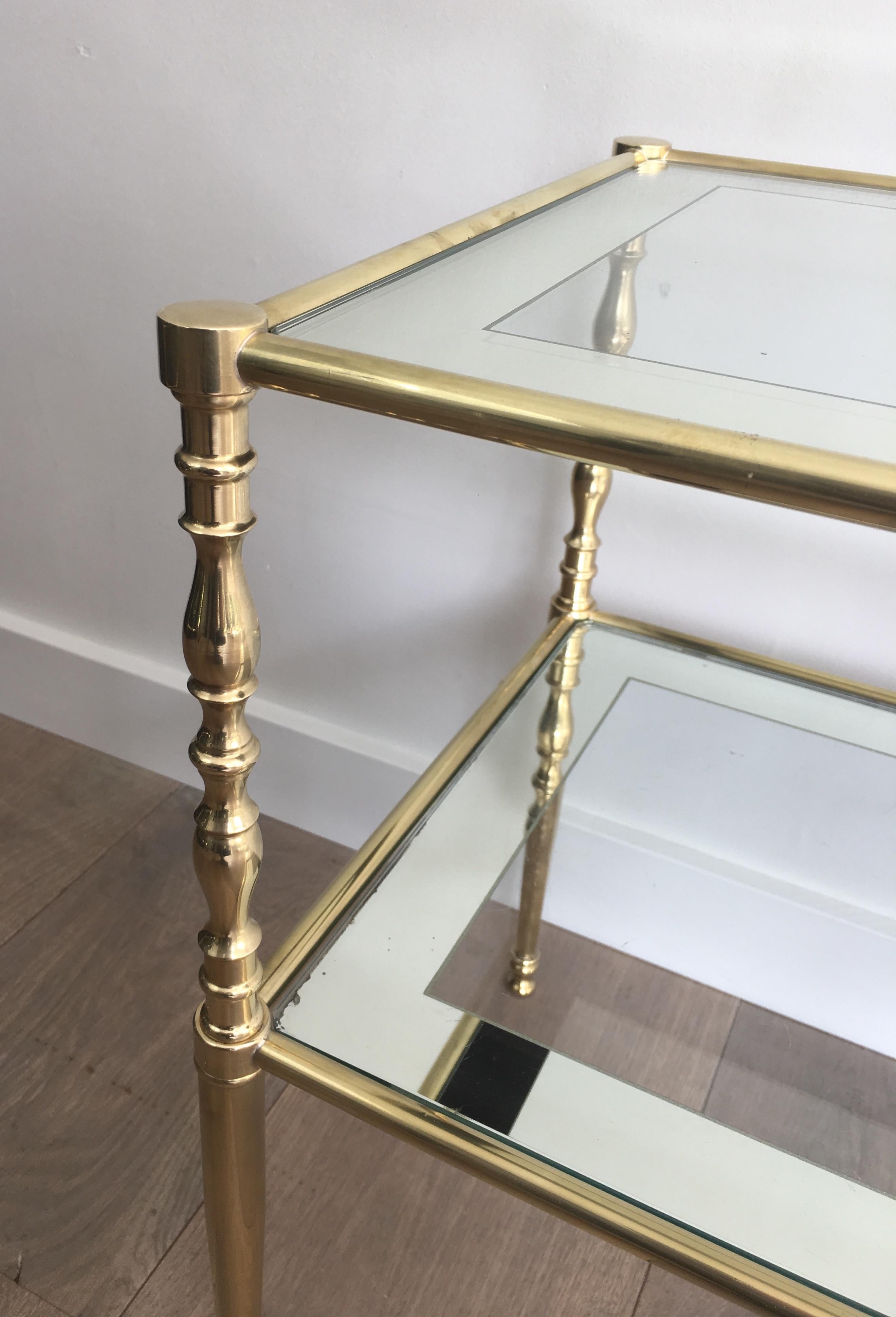 Pair of Brass Side Tables with Clear Glass Shelves Surrounded by Silvered Mirror 5