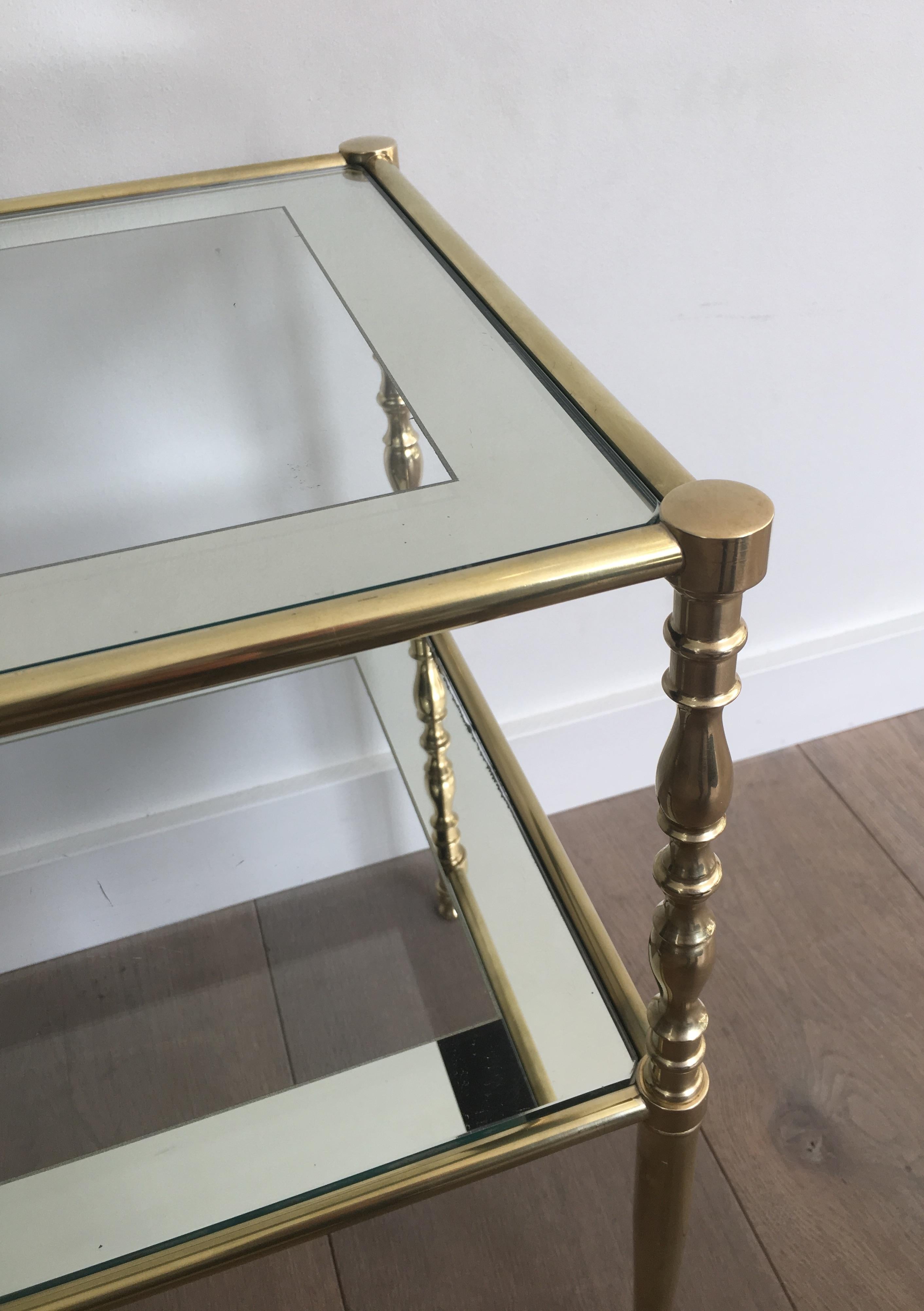 Pair of Brass Side Tables with Clear Glass Shelves Surrounded by Silvered Mirror 7