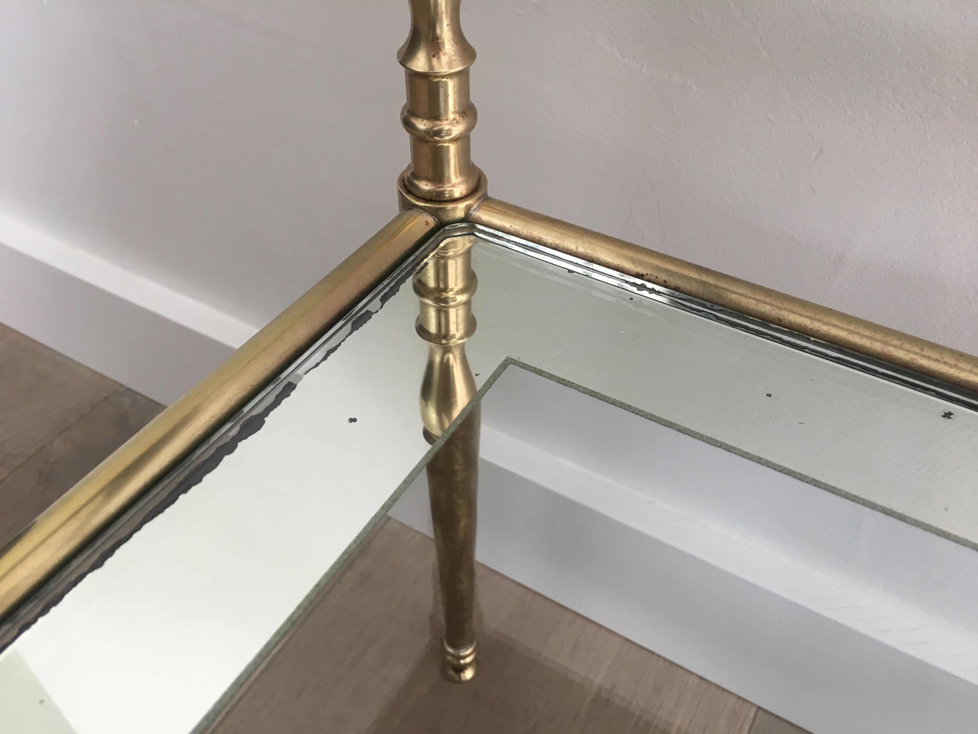 Pair of Brass Side Tables with Clear Glass Shelves Surrounded by Silvered Mirror 10