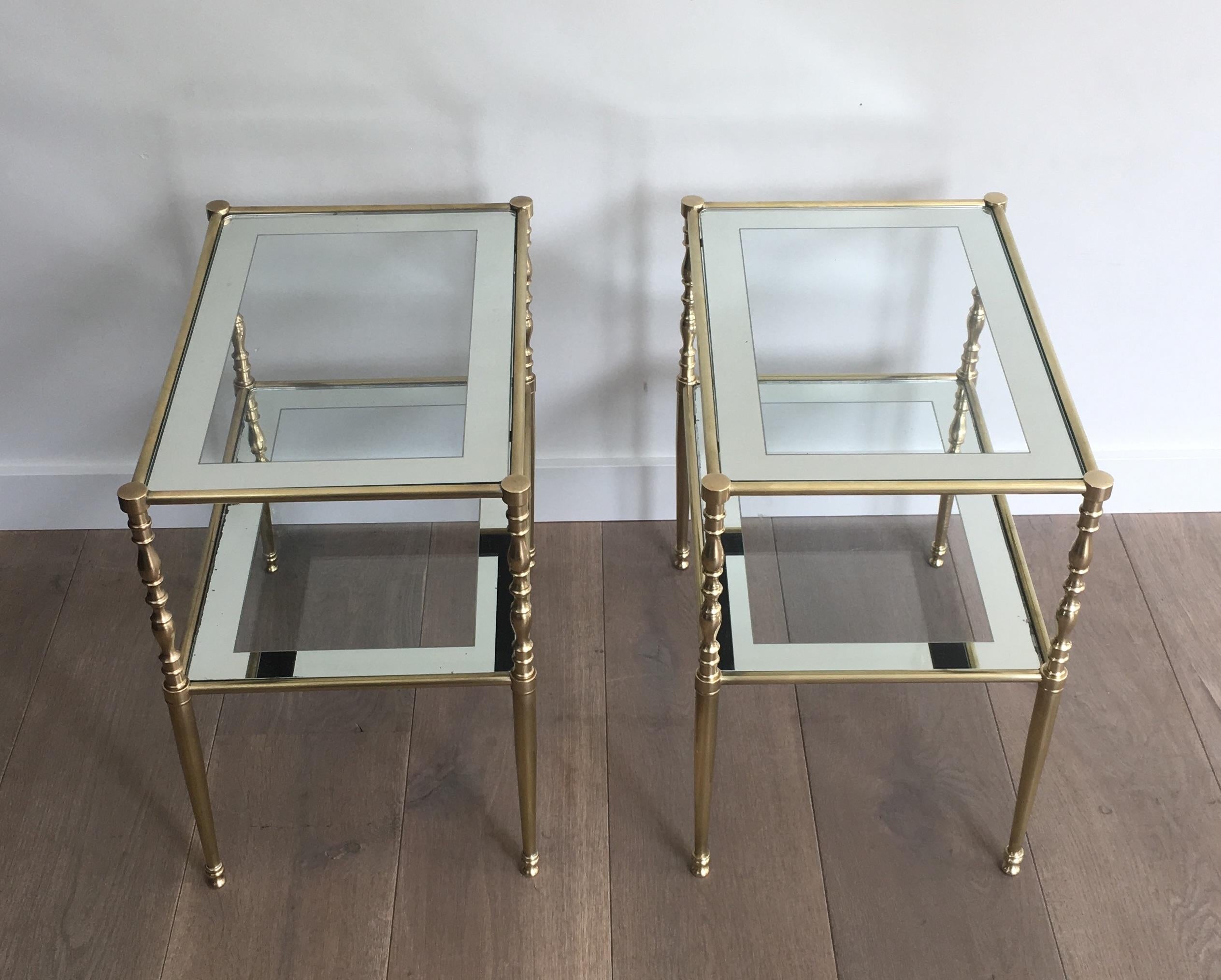 Pair of Brass Side Tables with Clear Glass Shelves Surrounded by Silvered Mirror 12