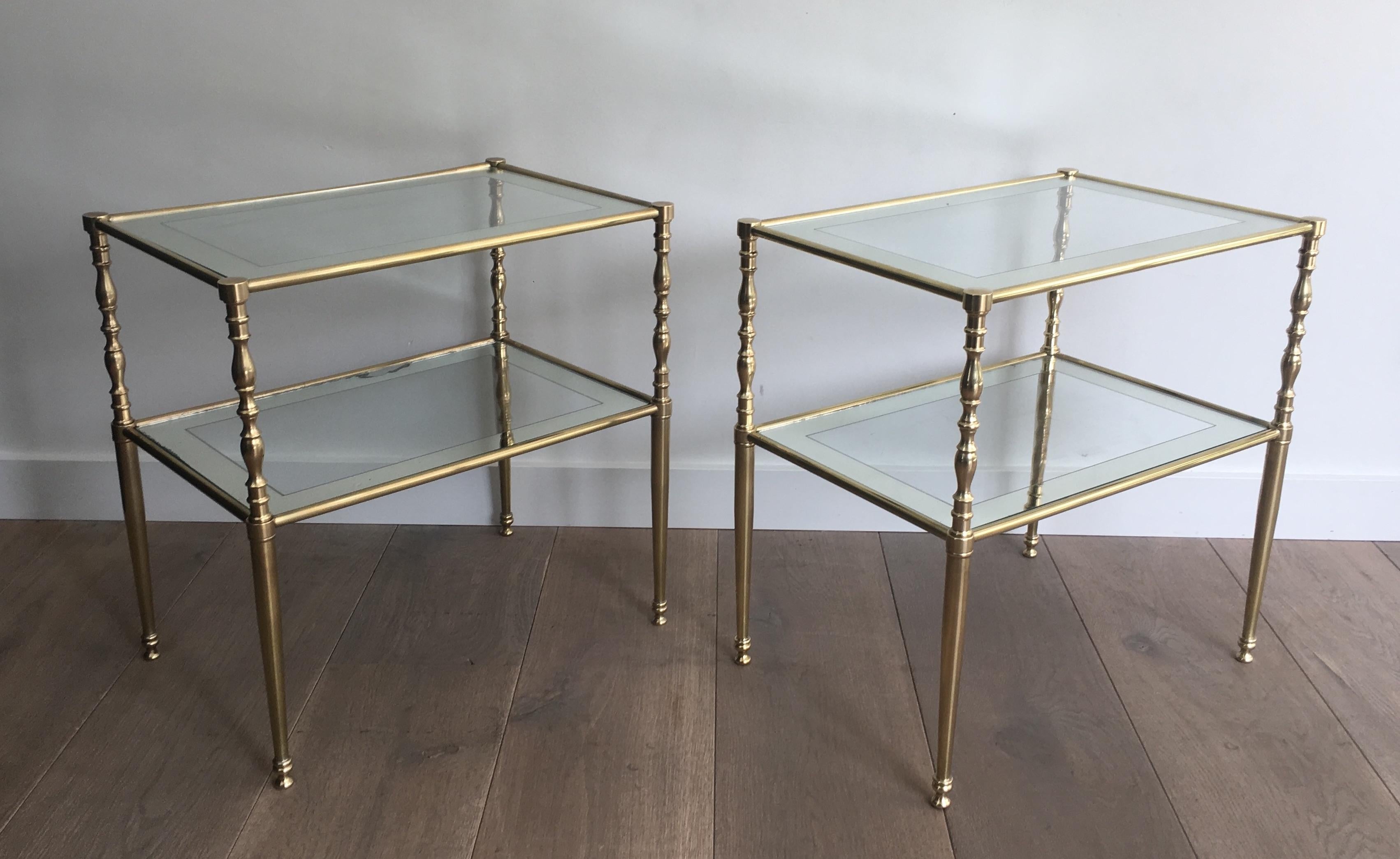 Pair of Brass Side Tables with Clear Glass Shelves Surrounded by Silvered Mirror 13