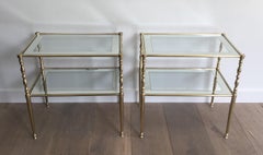 Pair of Brass Side Tables with Clear Glass Shelves Surrounded by Silvered Mirror