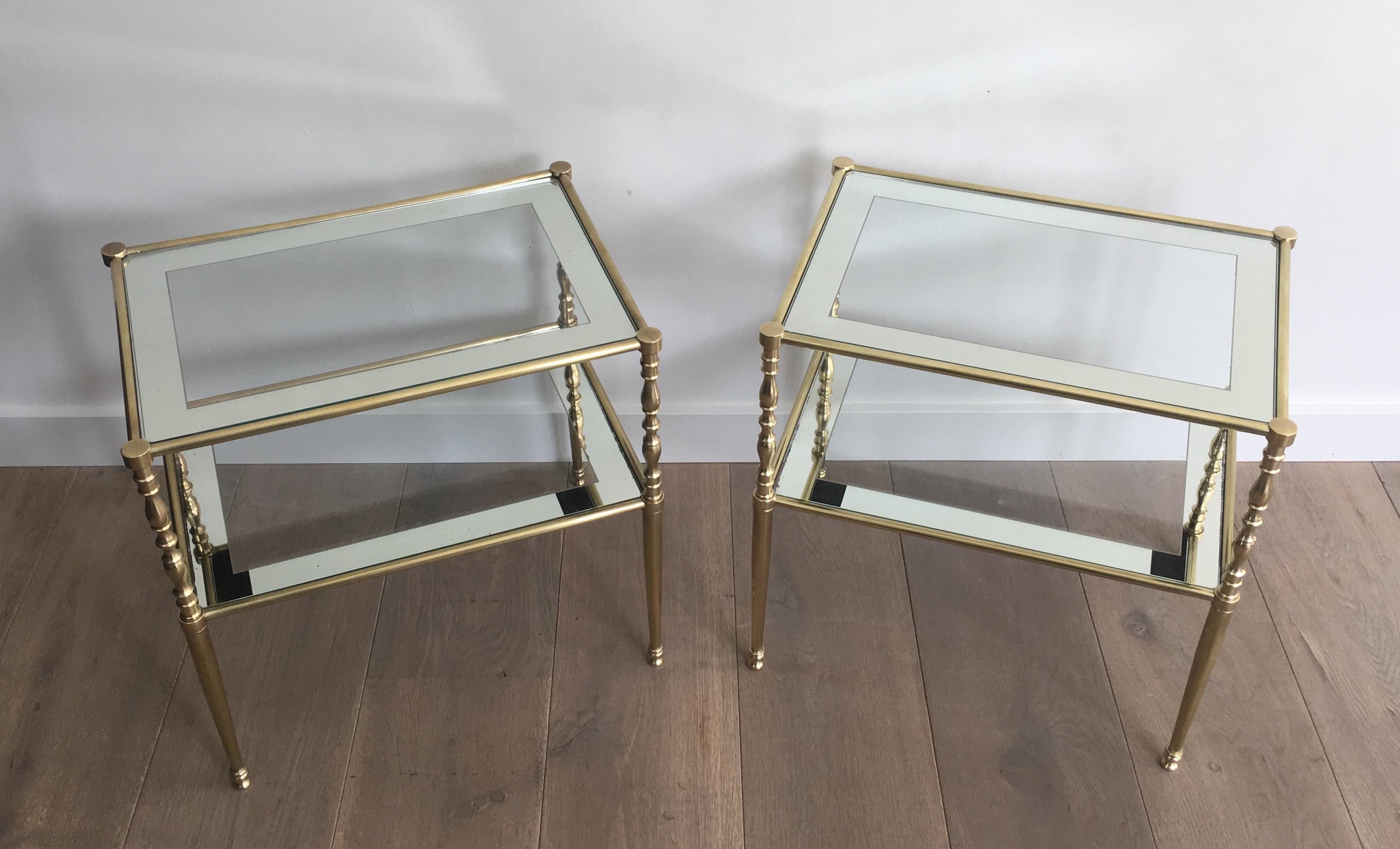 Pair of Brass Side Tables with Clear Glass Shelves Surrounded by Silvered Mirror 14