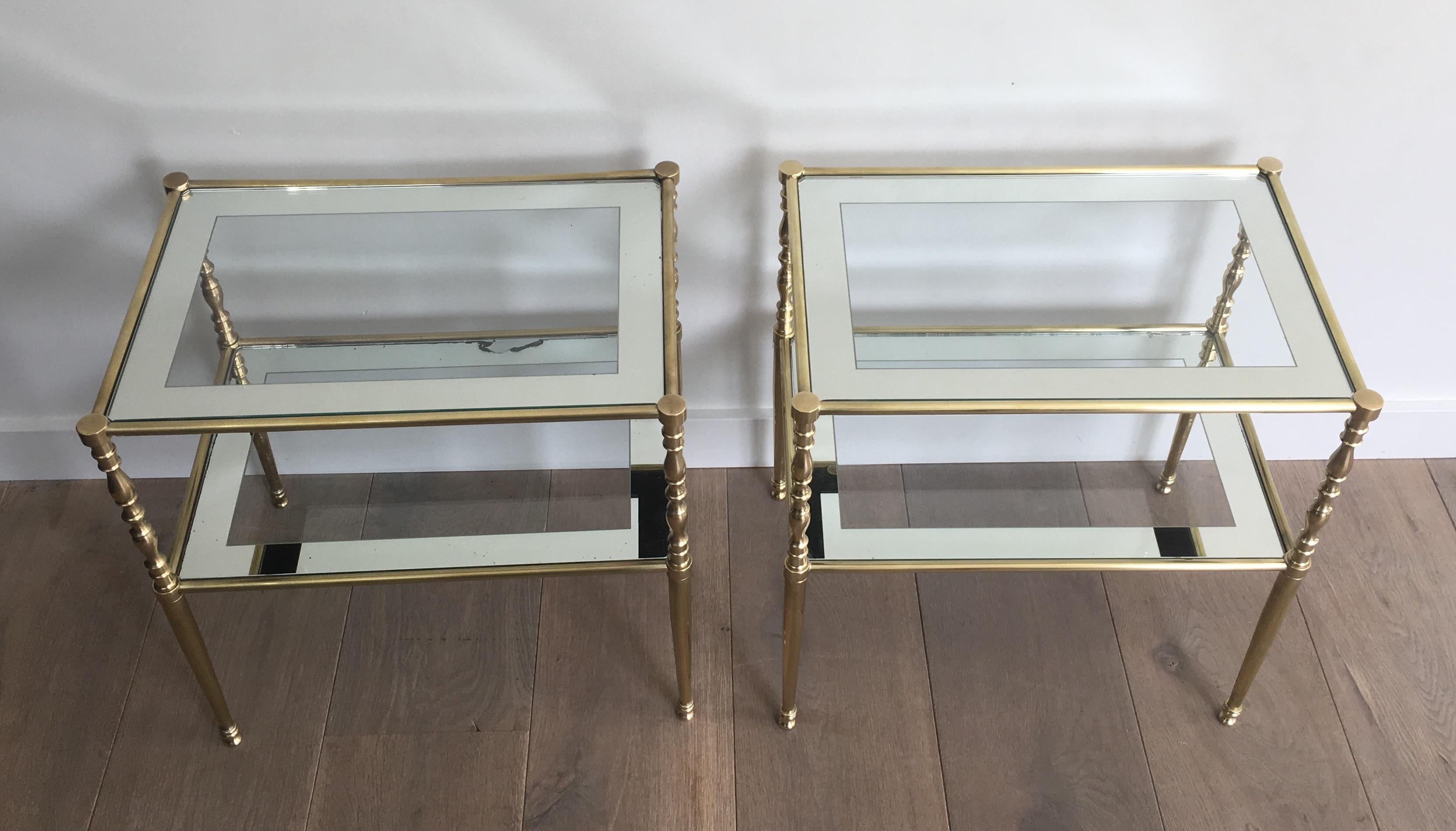 Mid-Century Modern Pair of Brass Side Tables with Clear Glass Shelves Surrounded by Silvered Mirror