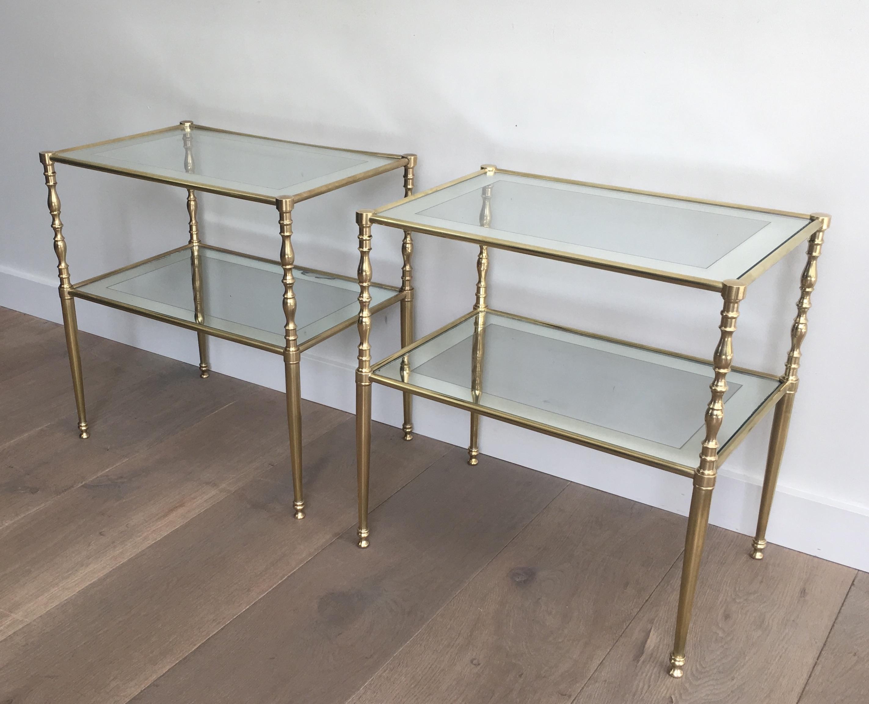 Late 20th Century Pair of Brass Side Tables with Clear Glass Shelves Surrounded by Silvered Mirror