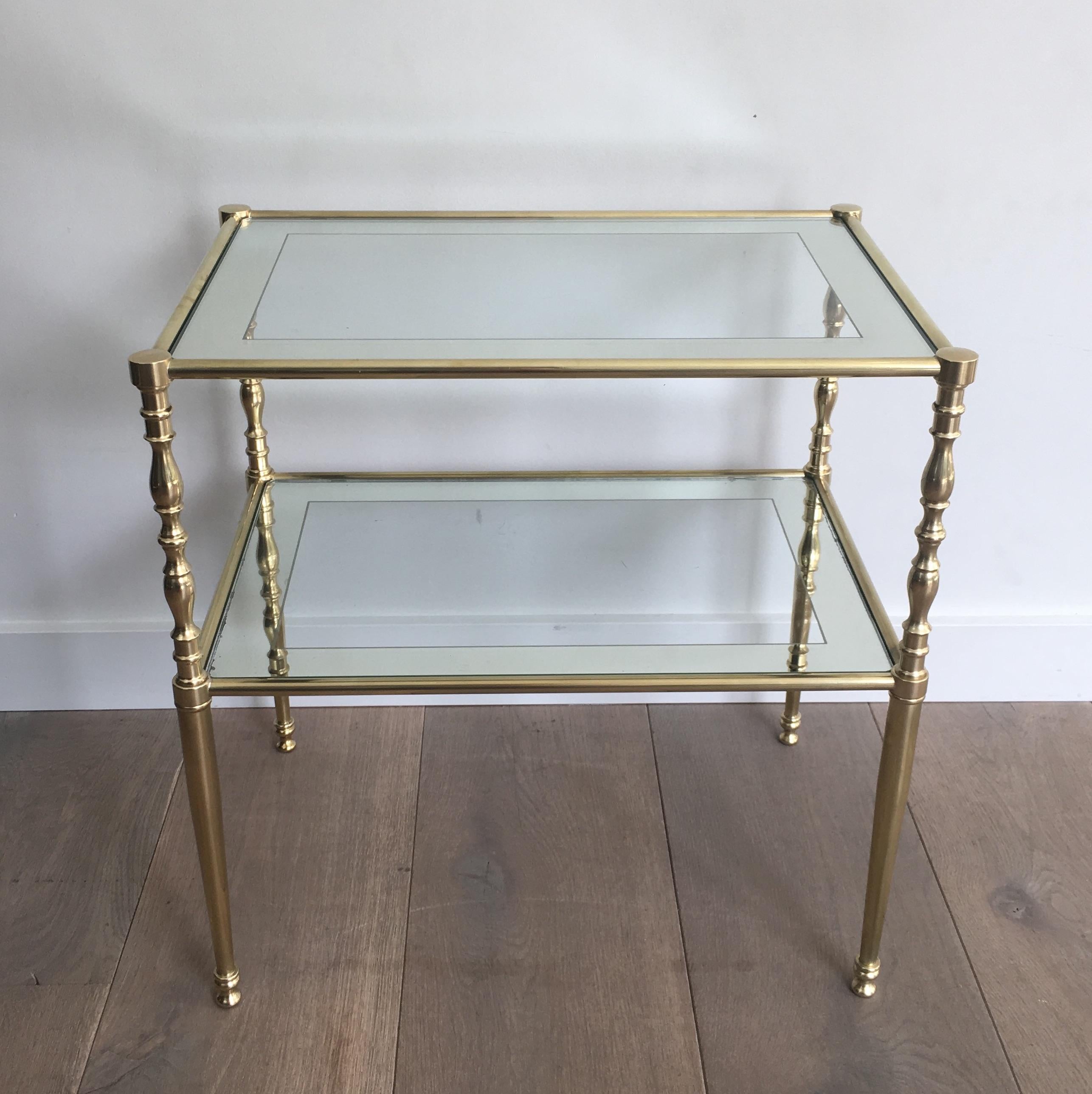Pair of Brass Side Tables with Clear Glass Shelves Surrounded by Silvered Mirror 1