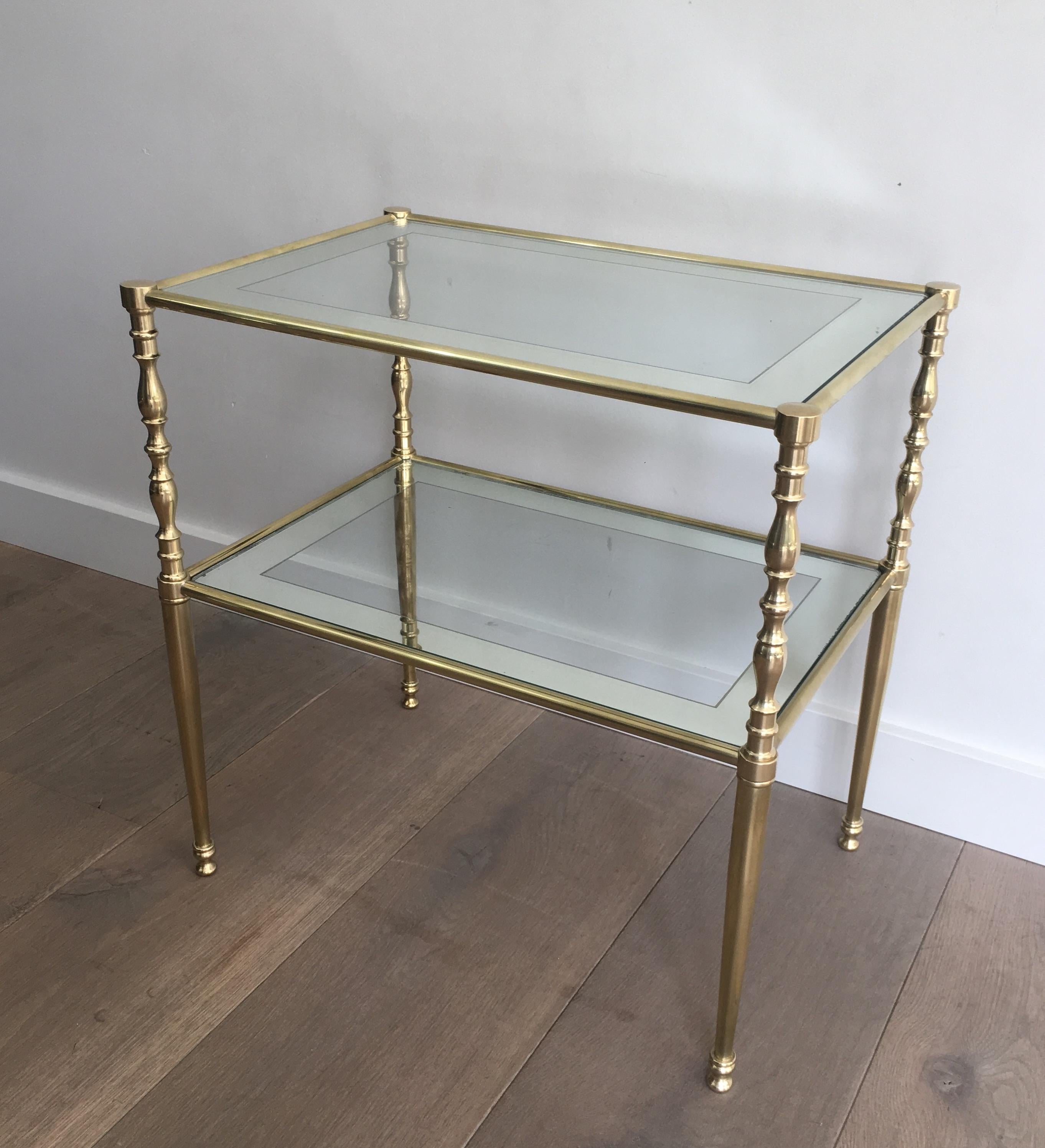 Pair of Brass Side Tables with Clear Glass Shelves Surrounded by Silvered Mirror 2