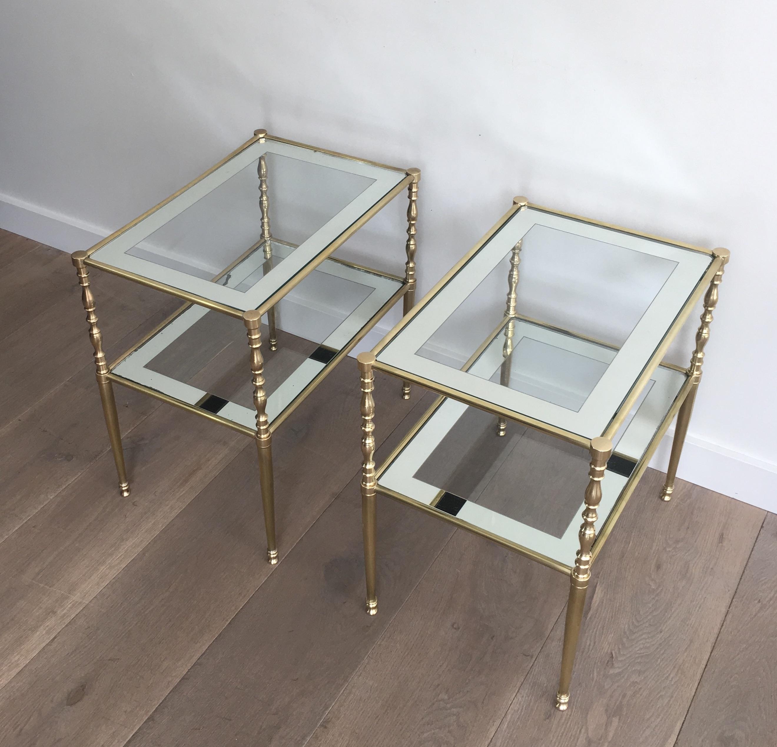 Pair of Brass Side Tables with Clear Glass Shelves Surrounded by Silvered Mirror 3