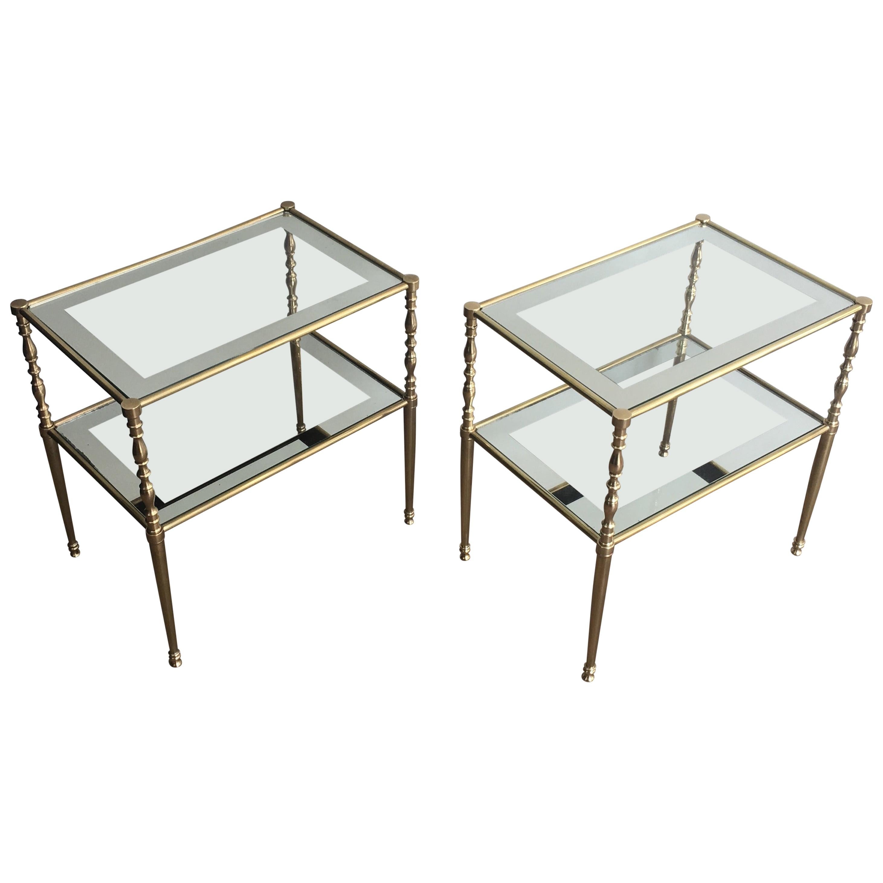 Pair of Brass Side Tables with Clear Glass Shelves Surrounded by Silvered Mirror
