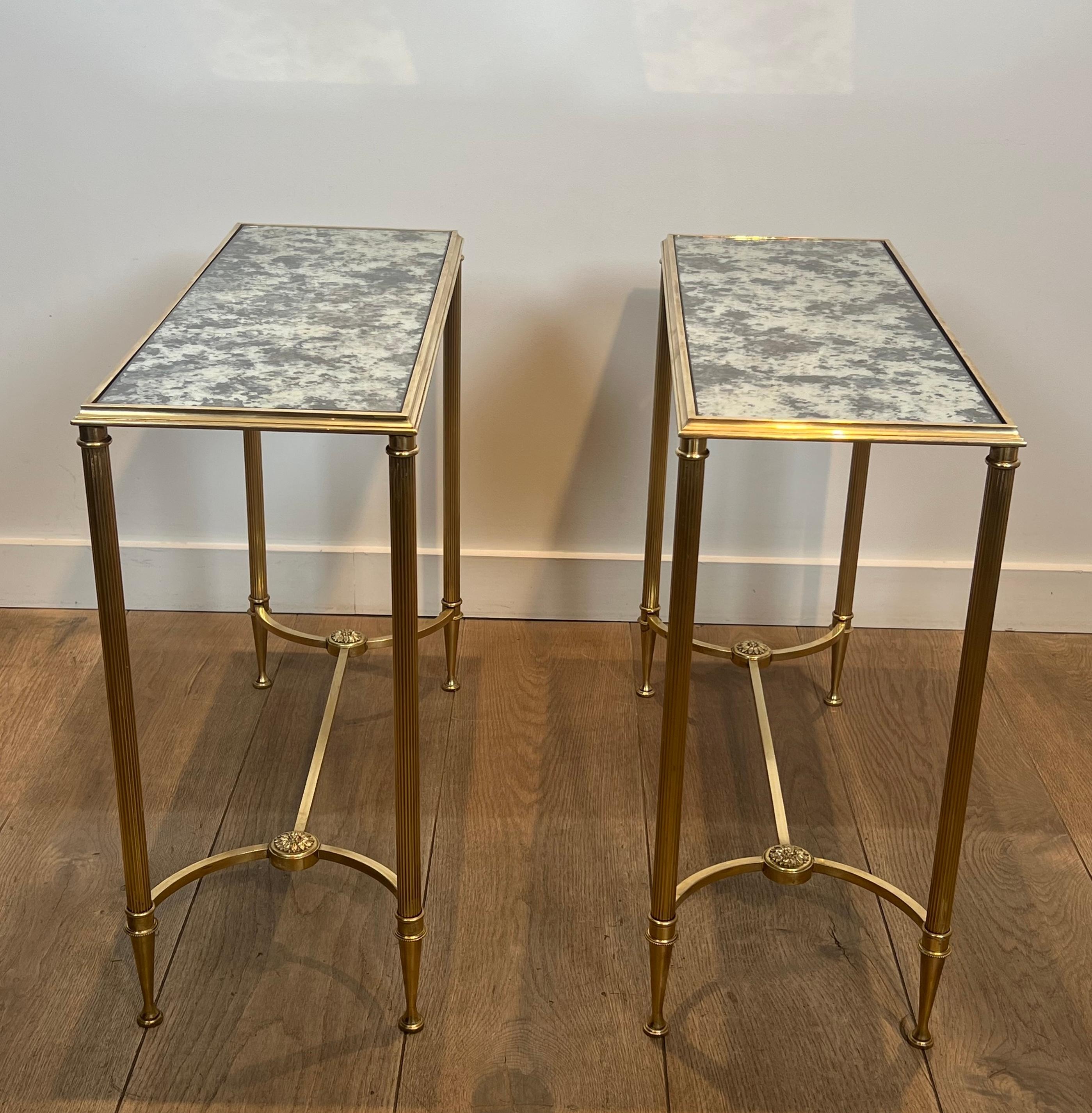 Pair of Brass Side Tables with Oxidized Mirror Tops by Maison Baguès en vente 8