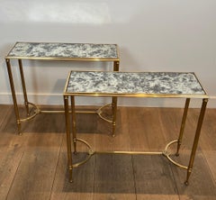 Pair of Brass Side Tables with Oxidized Mirror Tops by Maison Baguès
