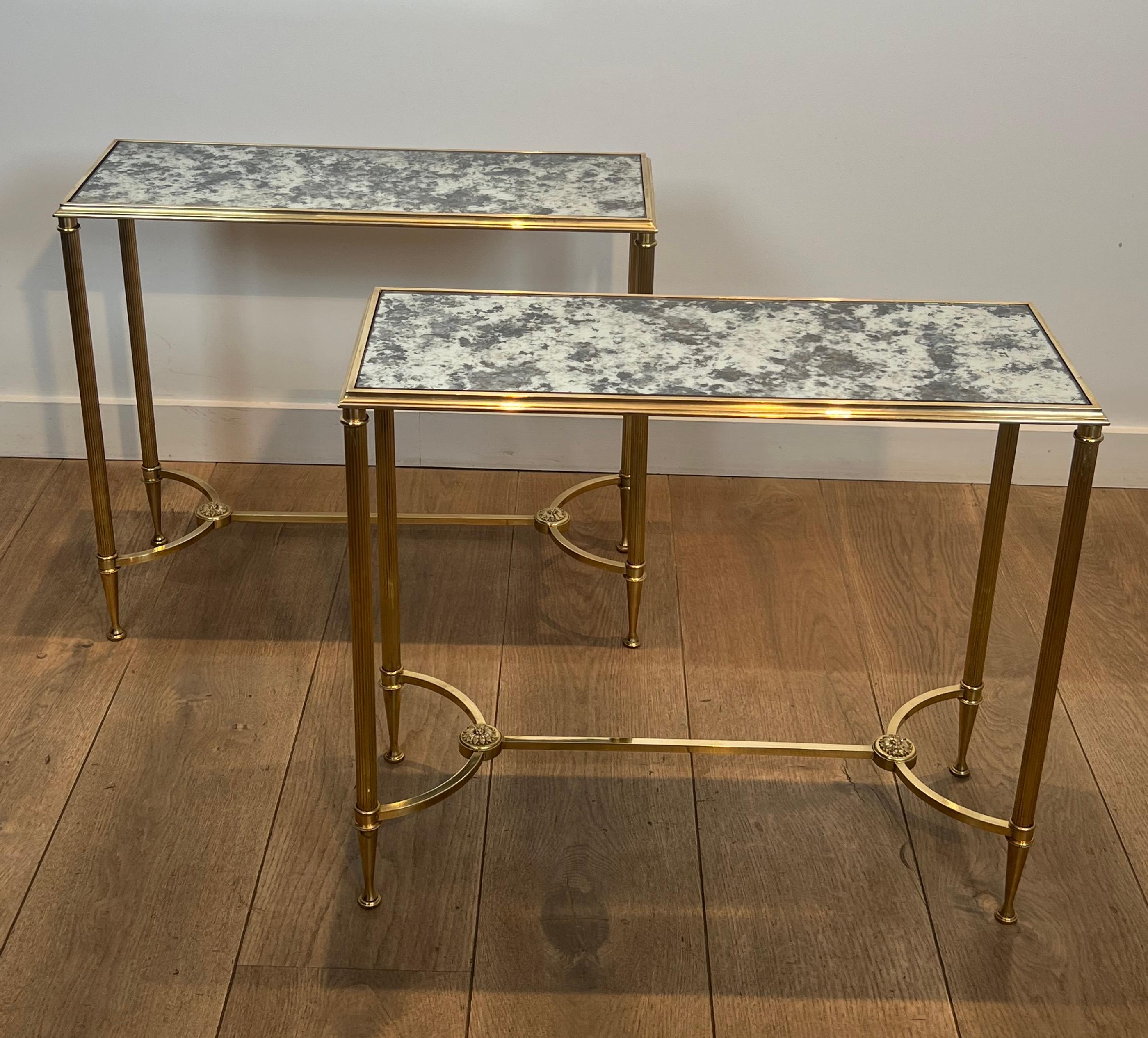 Pair of Brass Side Tables with Oxidized Mirror Tops by Maison Baguès en vente 13