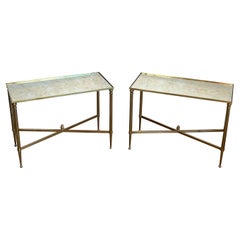Pair of Brass Side Tables with Oxidized Mirror Tops by Maison Jansen