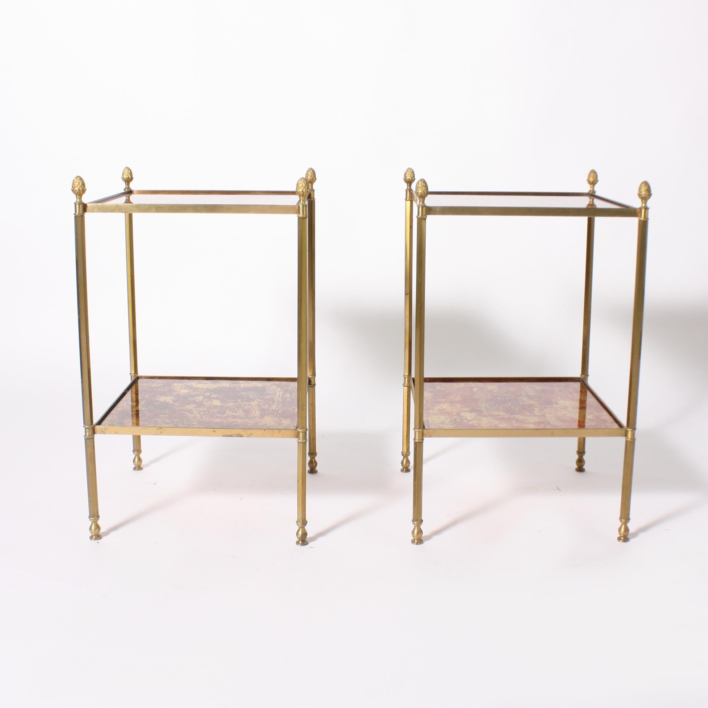 Pair of Brass Side Tables with Reverse Painted Glass Shelves, circa 1950 In Good Condition In Dallas, TX
