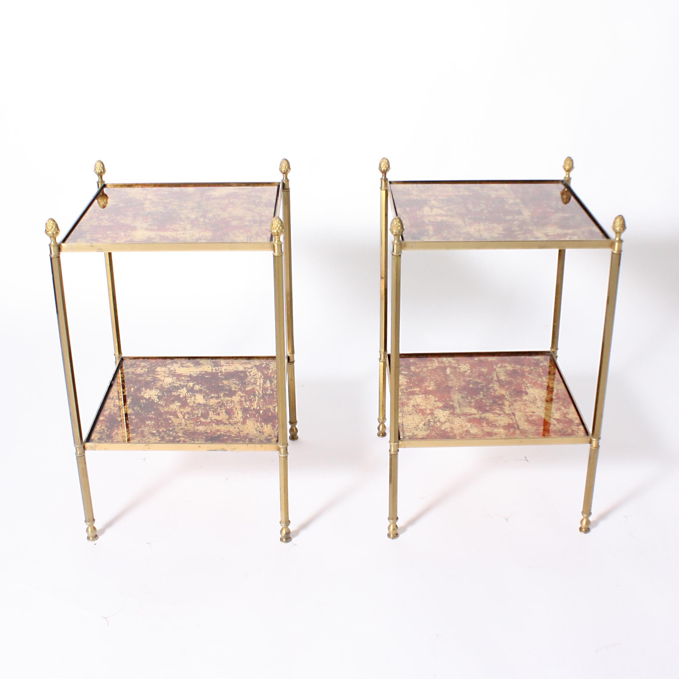Mid-20th Century Pair of Brass Side Tables with Reverse Painted Glass Shelves, circa 1950