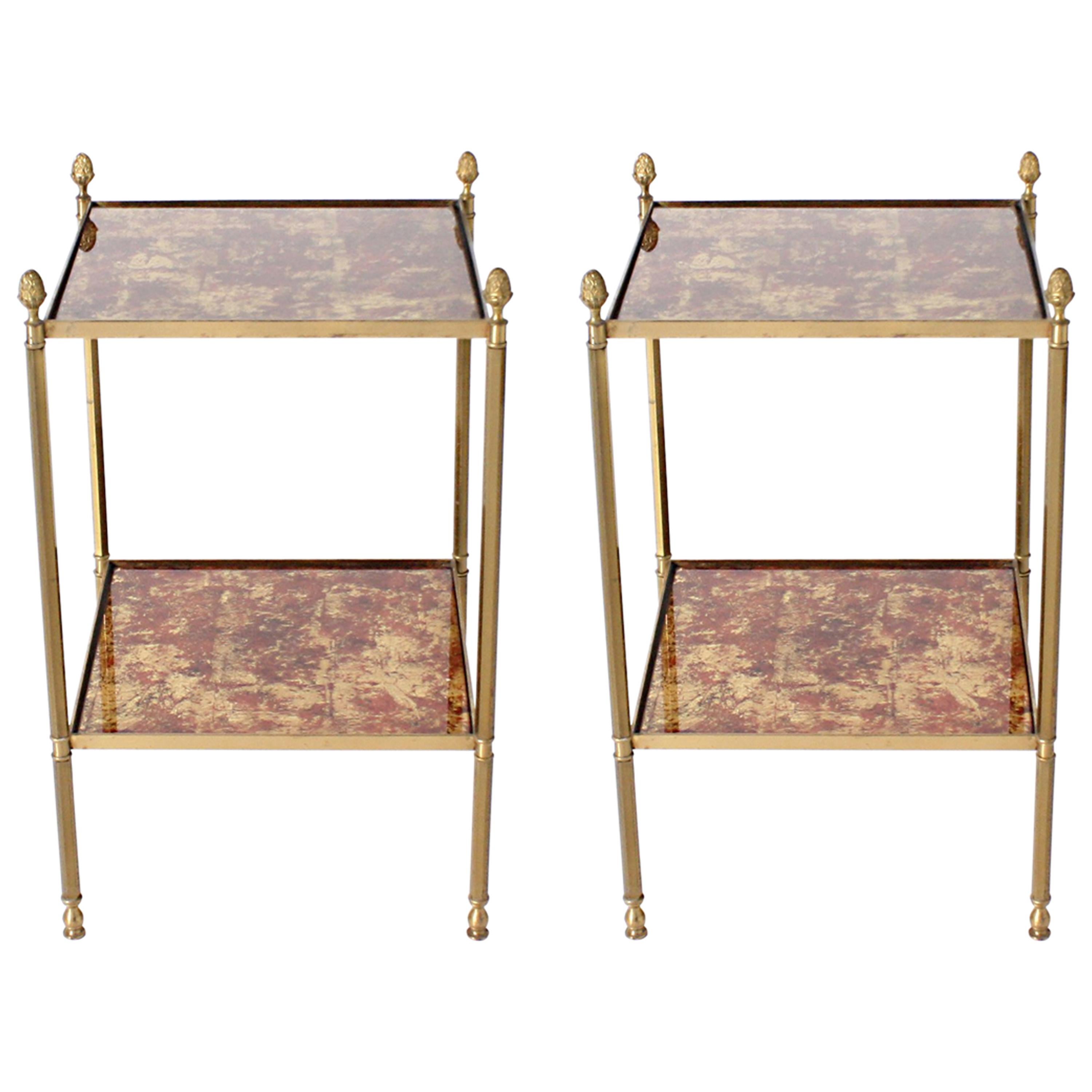 Pair of Brass Side Tables with Reverse Painted Glass Shelves, circa 1950