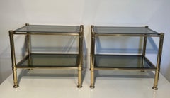 Pair of Brass Side Tables with Smoked Glass Shelves
