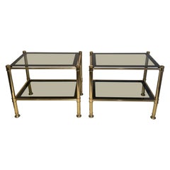 Pair of Brass Side Tables with Smoked Glass Shelves