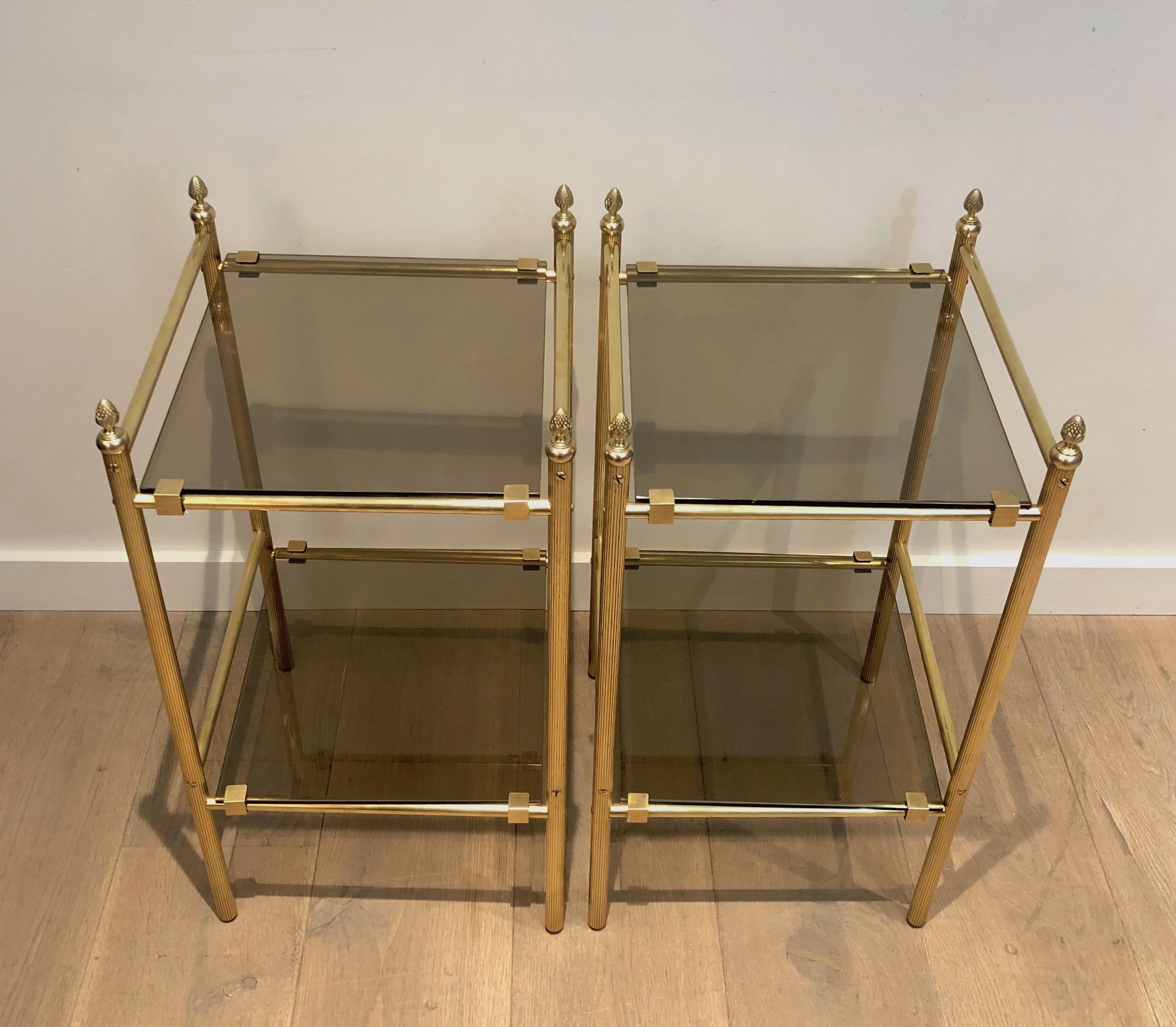 Pair of Brass Side Tables with Smoked Glass Shelves In the style of Maison Janse For Sale 5