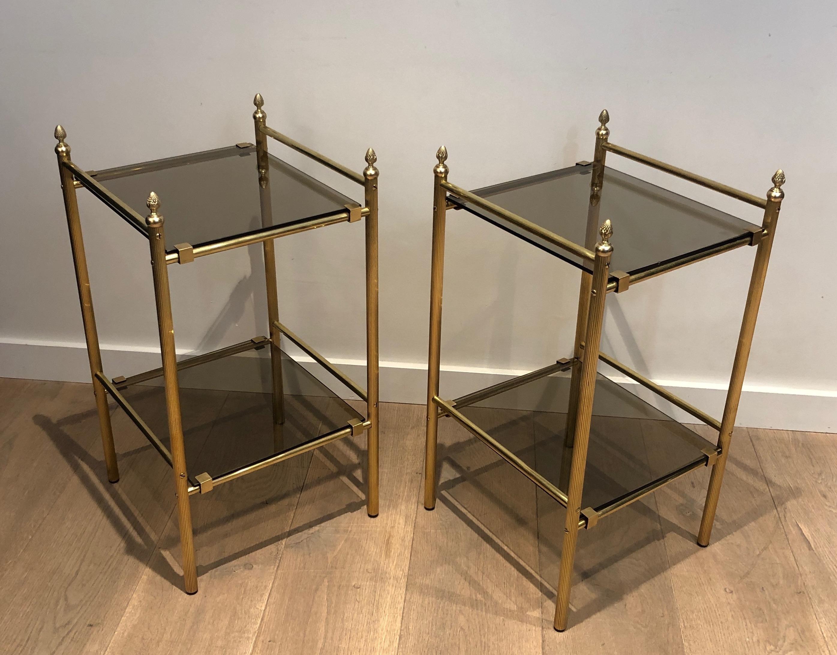 Pair of Brass Side Tables with Smoked Glass Shelves In the style of Maison Janse For Sale 6