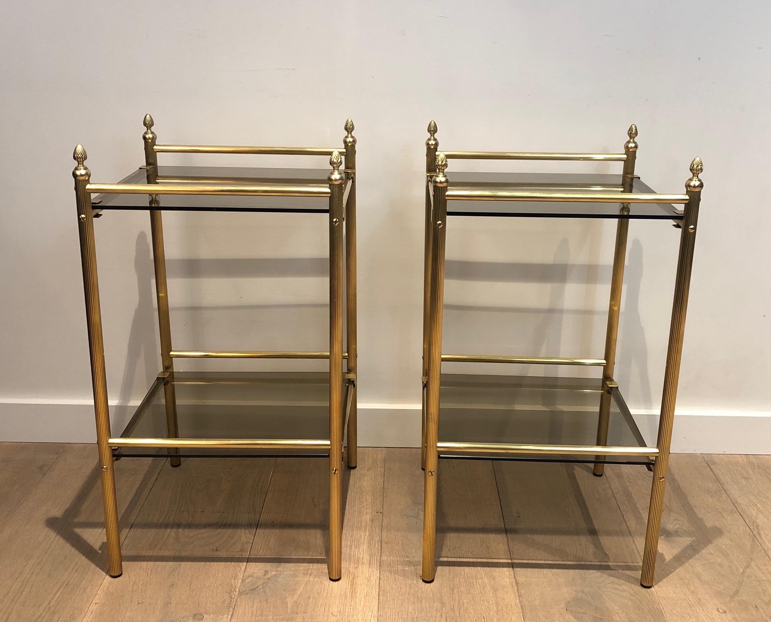 Pair of Brass Side Tables with Smoked Glass Shelves In the style of Maison Janse For Sale 7