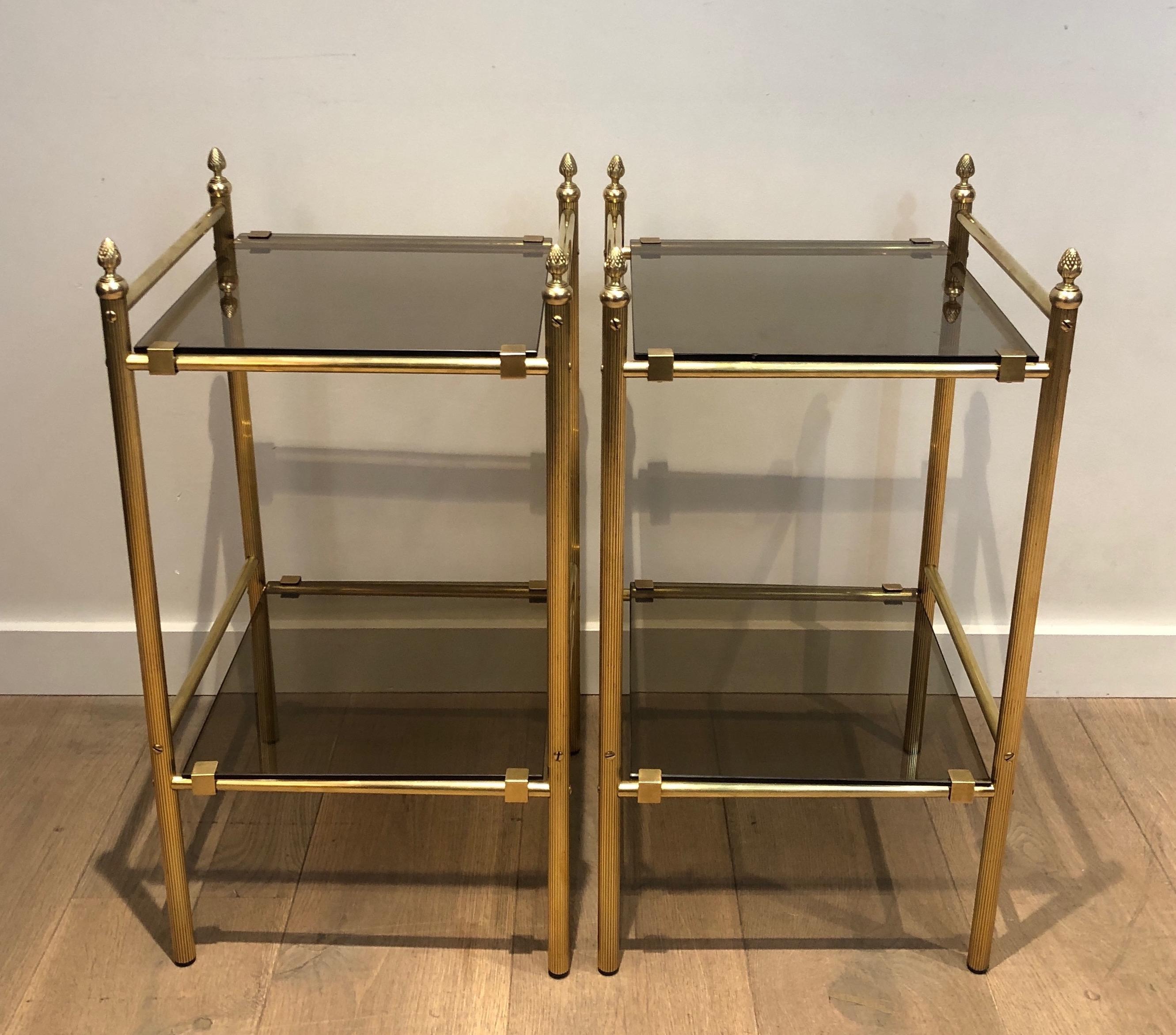 Pair of Brass Side Tables with Smoked Glass Shelves In the style of Maison Janse For Sale 8