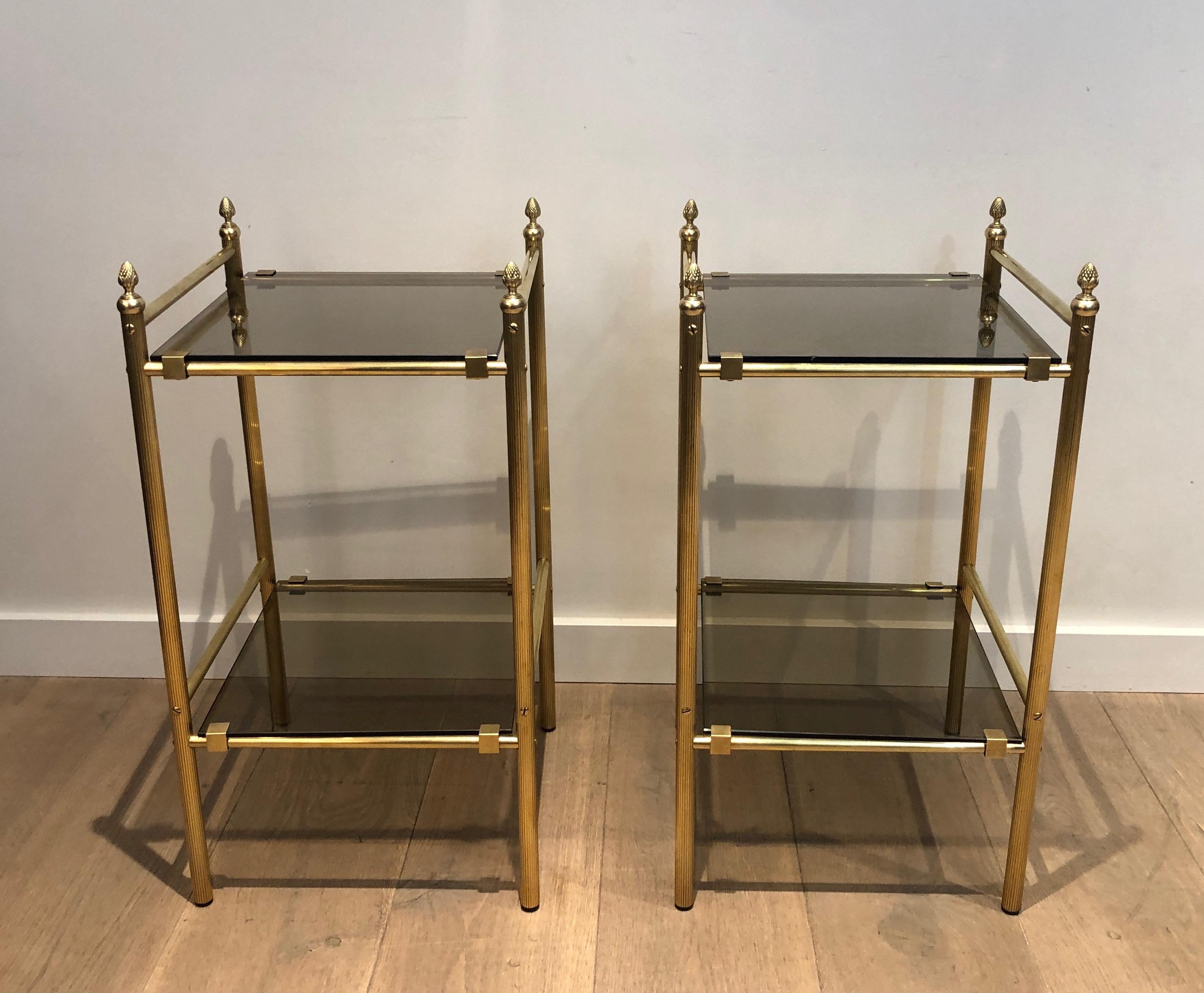 Pair of Brass Side Tables with Smoked Glass Shelves In the style of Maison Janse For Sale 9