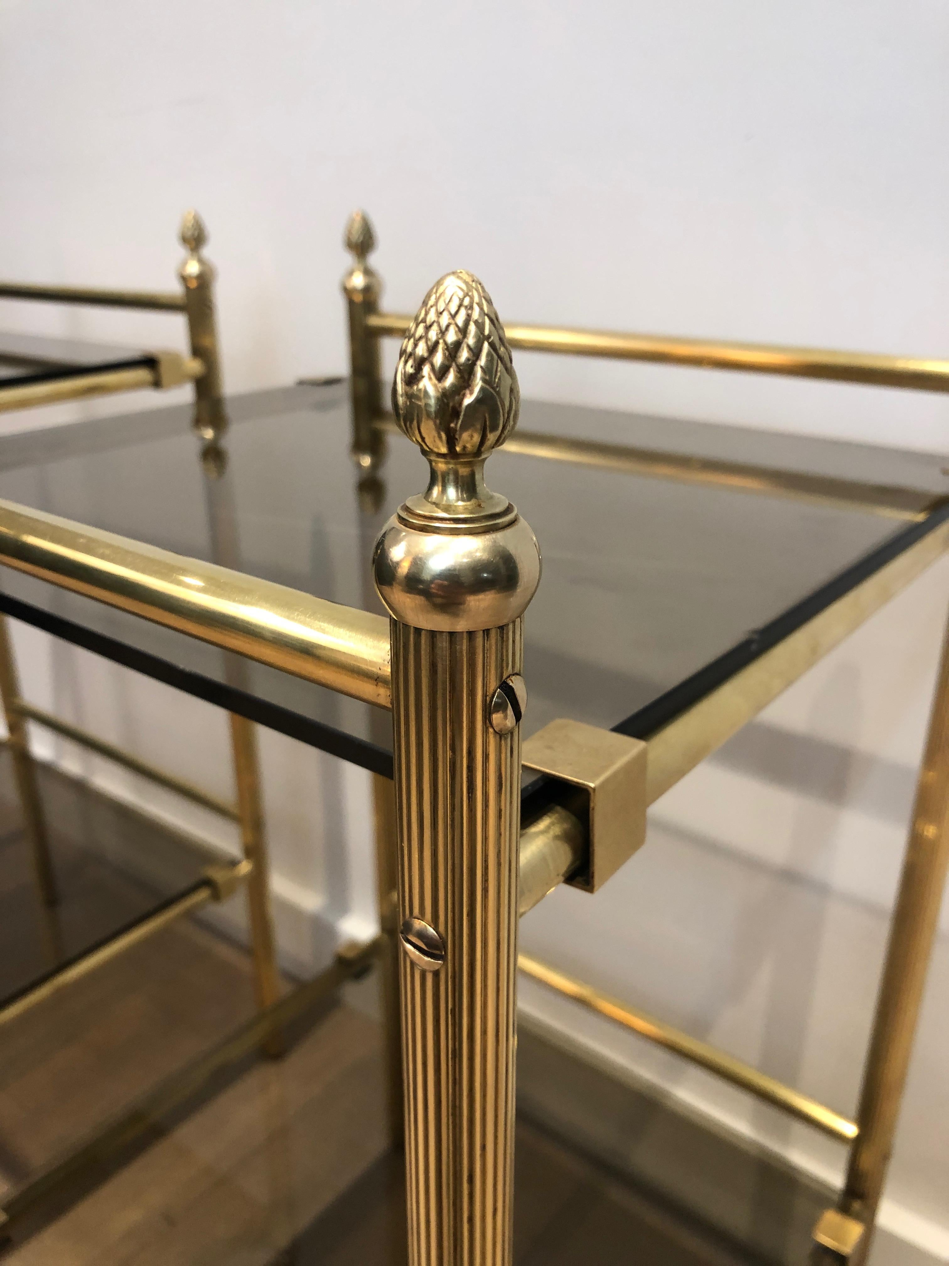 Pair of Brass Side Tables with Smoked Glass Shelves In the style of Maison Janse For Sale 10