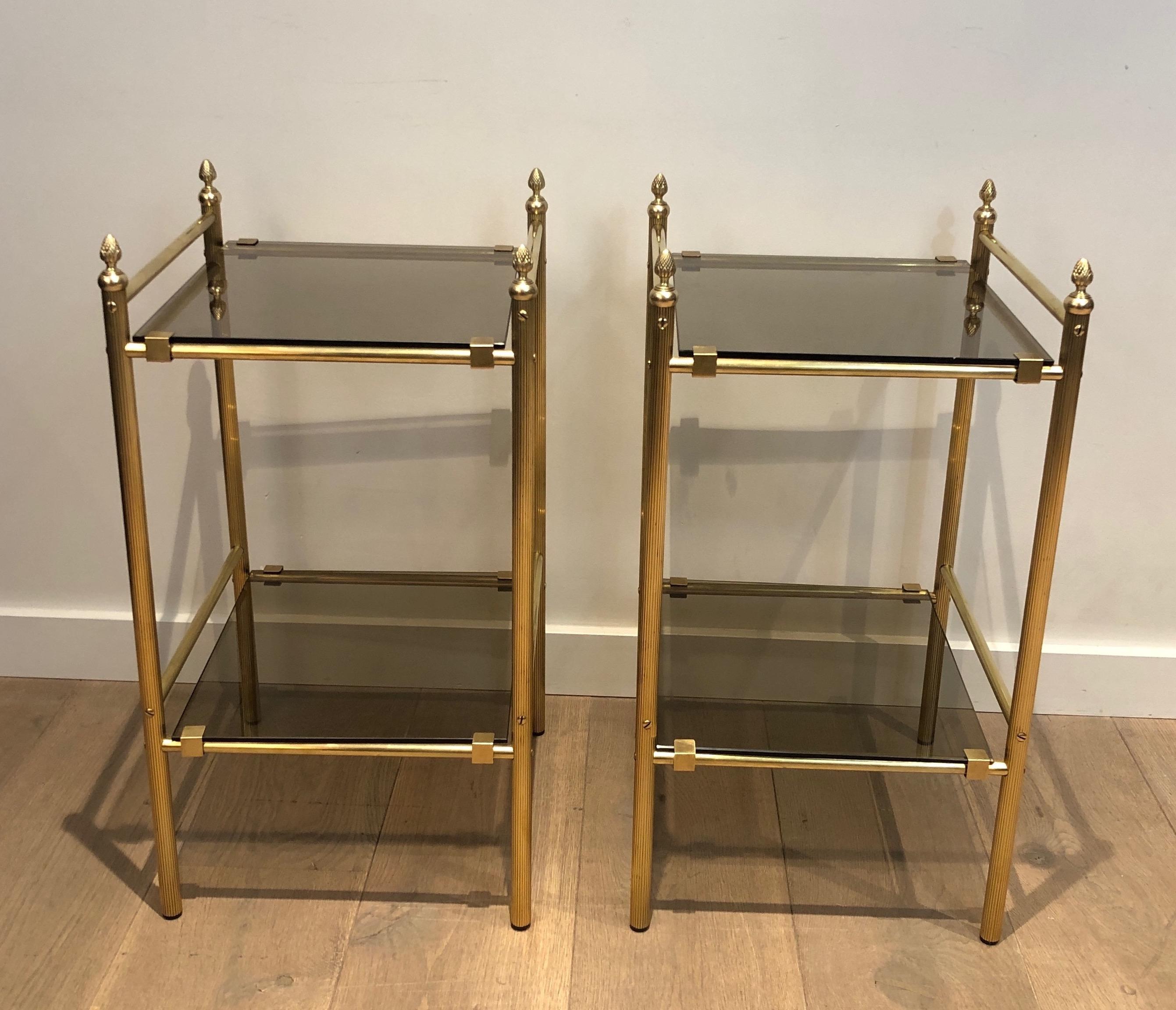 Pair of Brass Side Tables with Smoked Glass Shelves In the style of Maison Janse For Sale 13