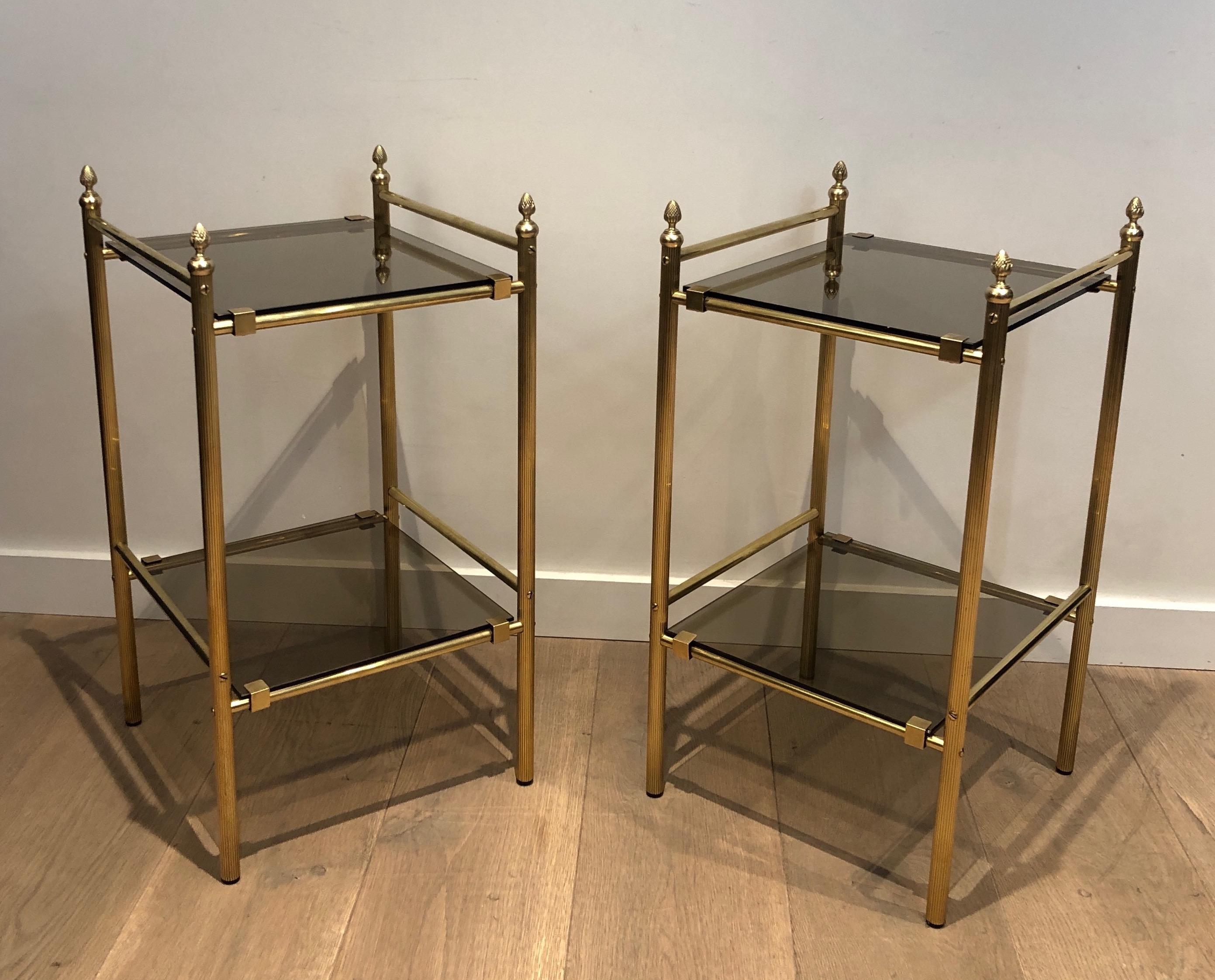 This pair of neoclassical style side tables is made of brass with smoked glass shelves. This is a French work In the style of Maison Jansen. Circa 1940.