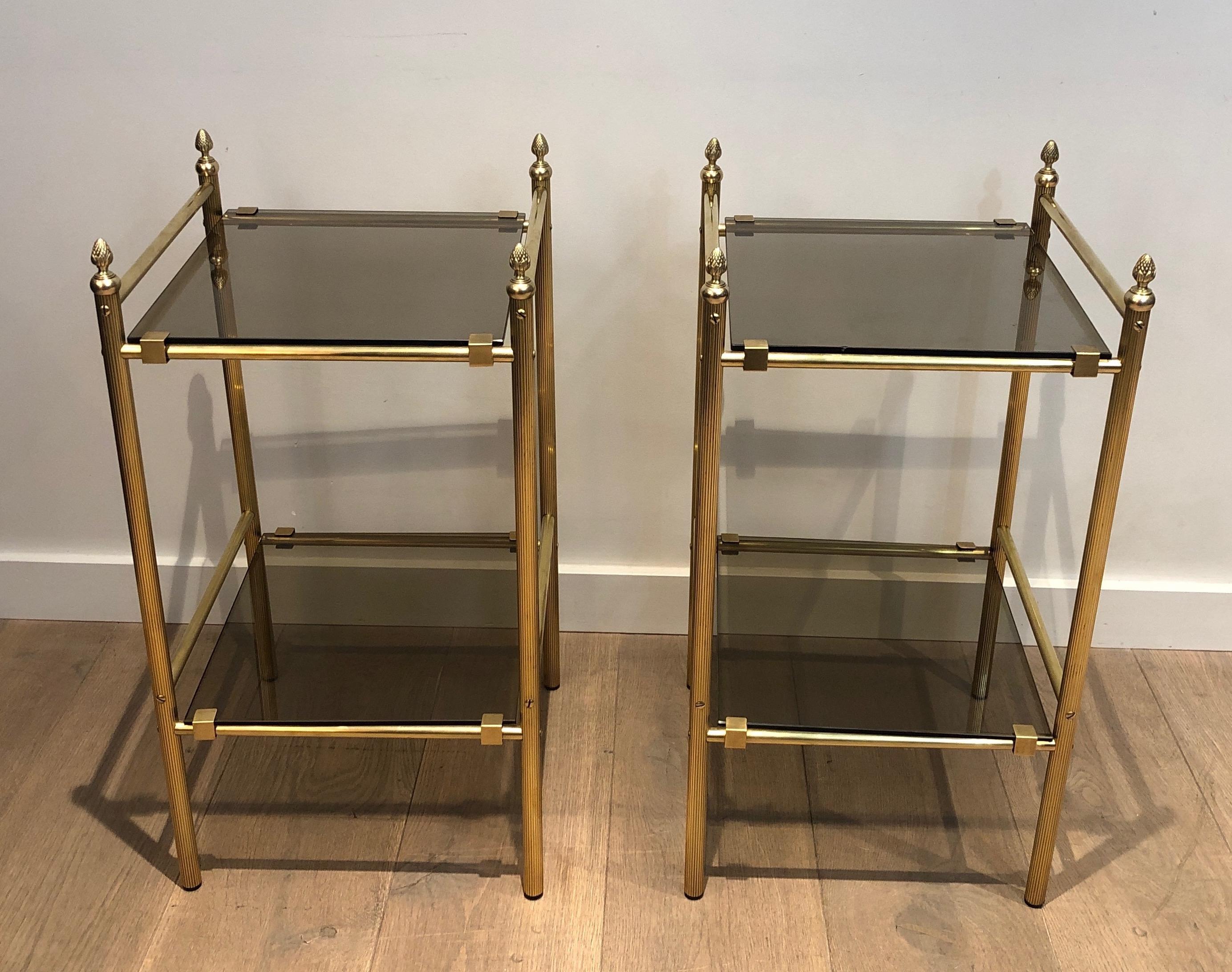 Neoclassical Pair of Brass Side Tables with Smoked Glass Shelves In the style of Maison Janse For Sale