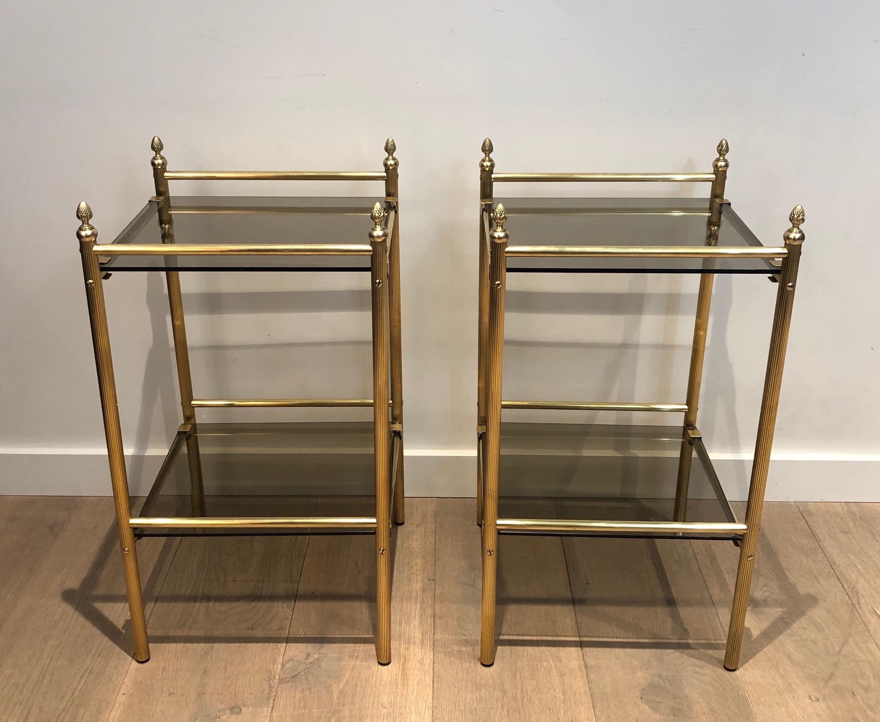 French Pair of Brass Side Tables with Smoked Glass Shelves In the style of Maison Janse For Sale