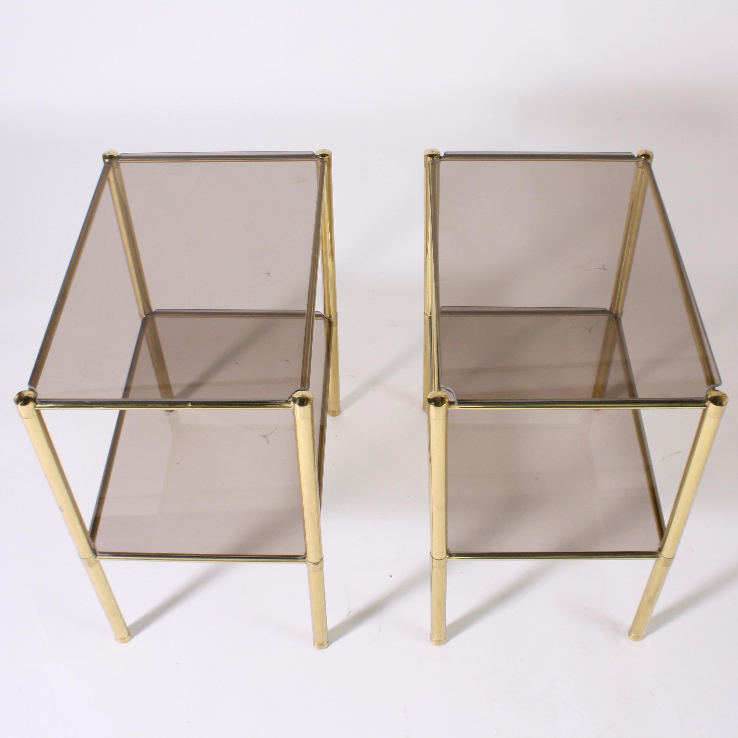 Pair of Brass Side Tables with Smoky Glass Tops, circa 1950 In Good Condition In Dallas, TX