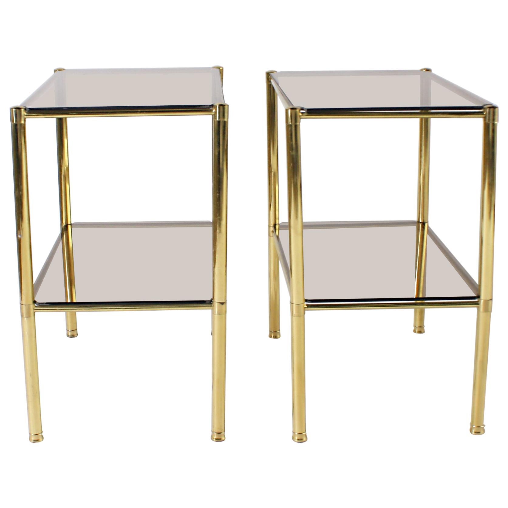 Pair of Brass Side Tables with Smoky Glass Tops, circa 1950