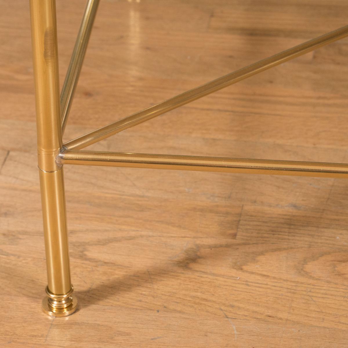 Italian Pair of brass side tables with travertine tops For Sale