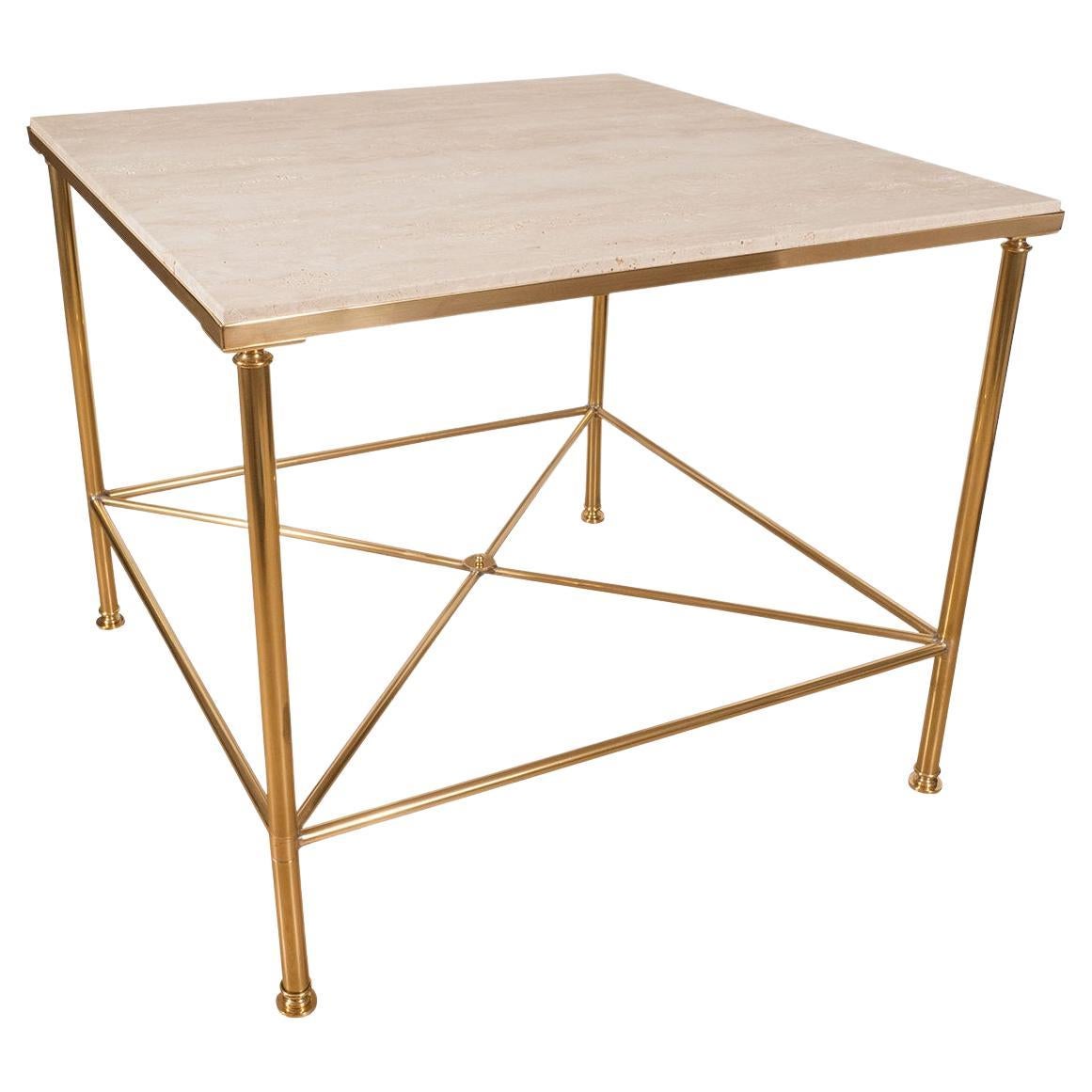 Pair of brass side tables with travertine tops